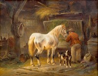 A stable with a groom, his dog and a horse