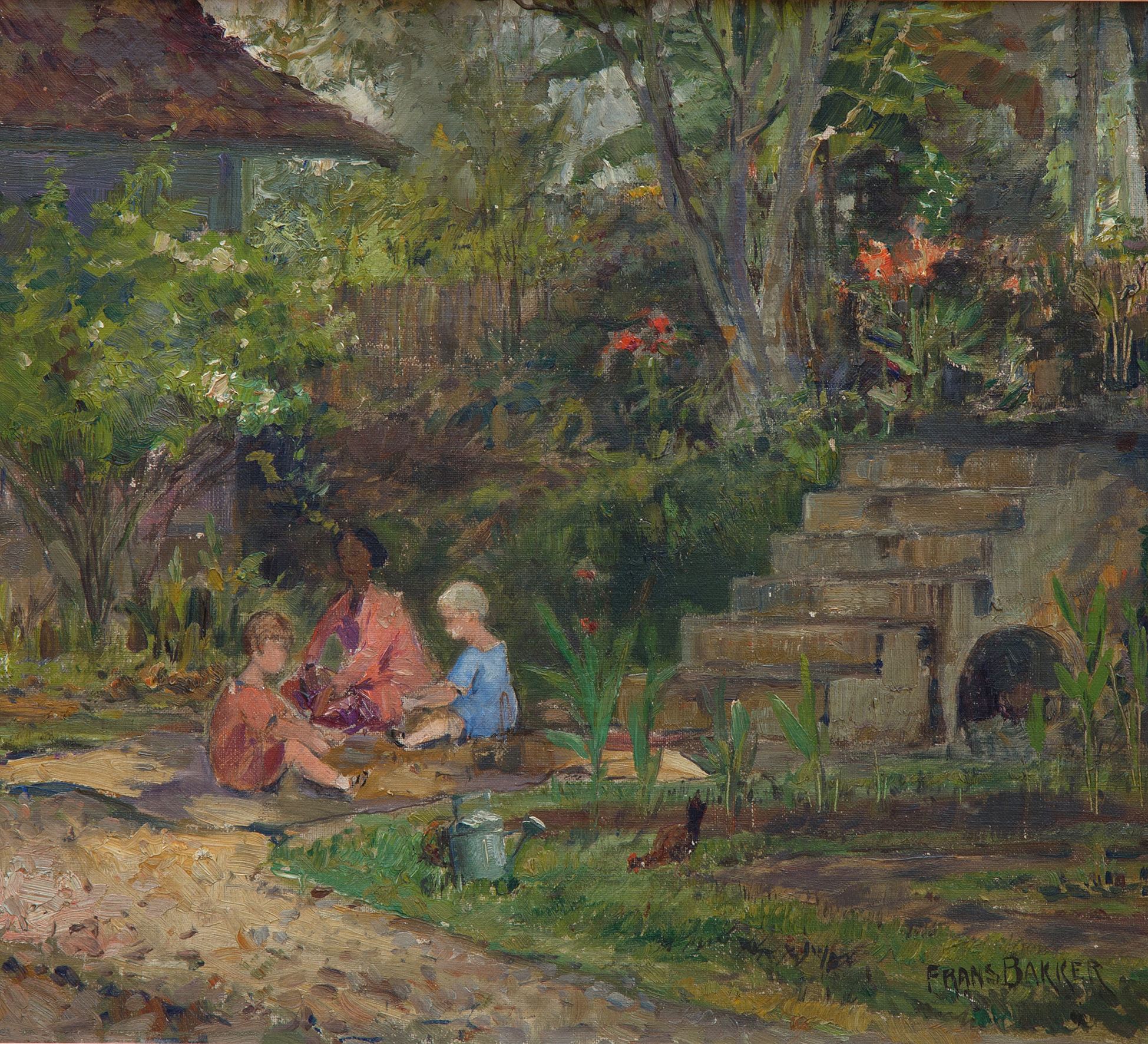 Children with their baboe in a garden