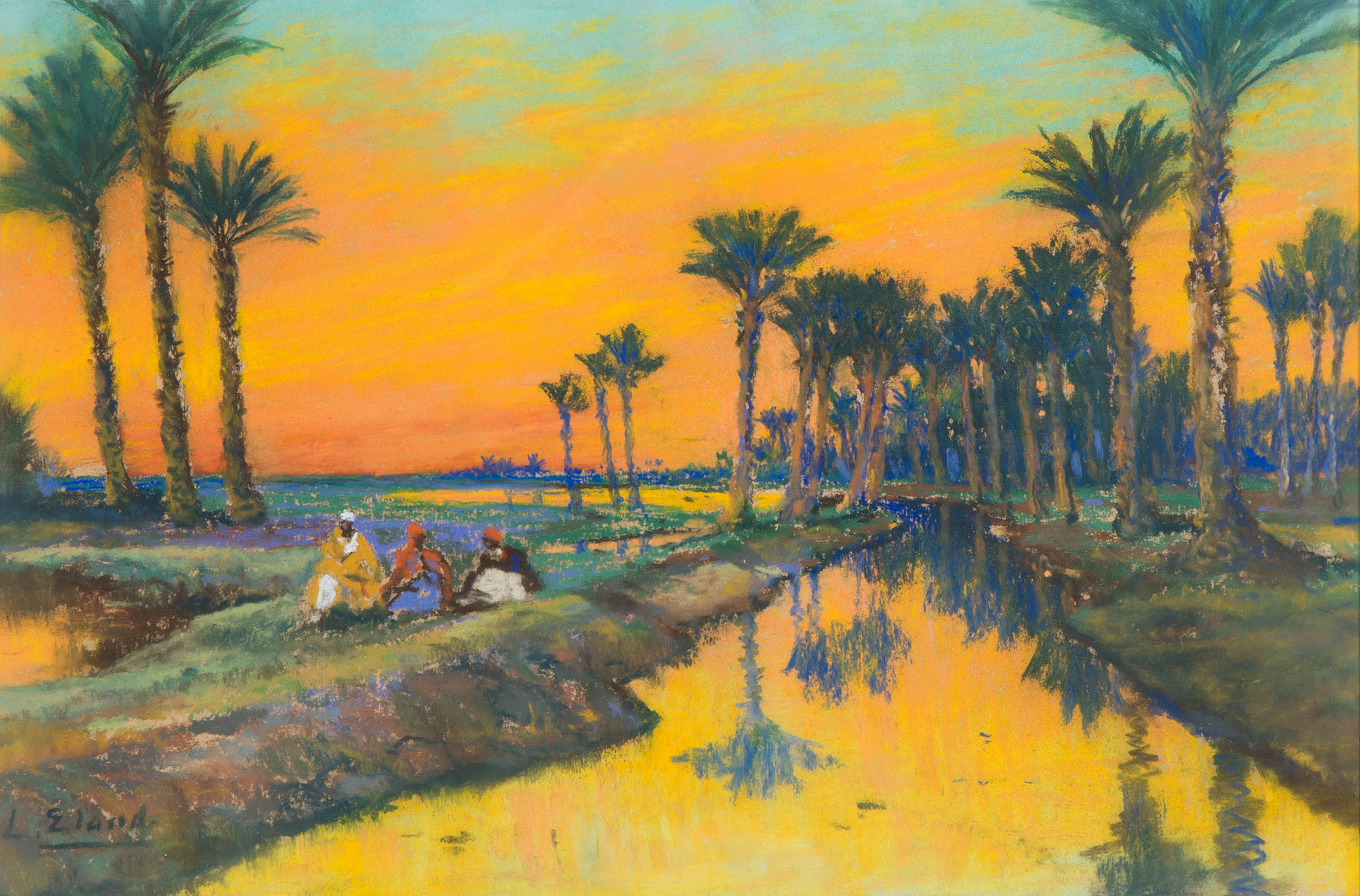 Palm trees along an irrigation canal, Egypt