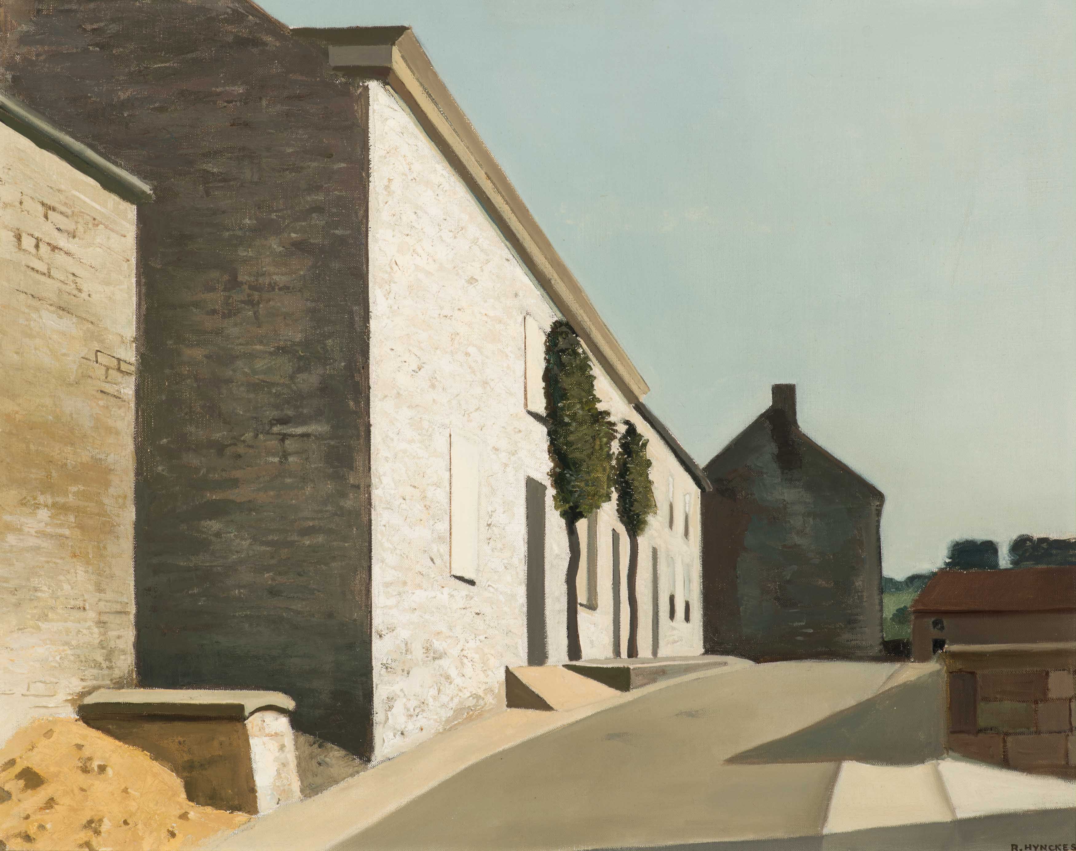 Belgisch straatje met twee pijnbomen (ca. 1960)