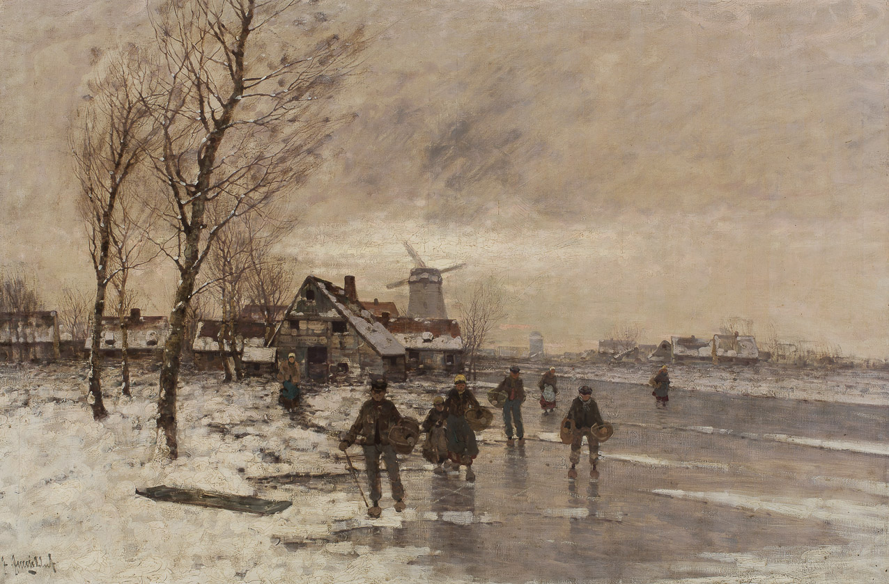 Winterlandschap met vele figuren op het ijs en een molen in het verschiet