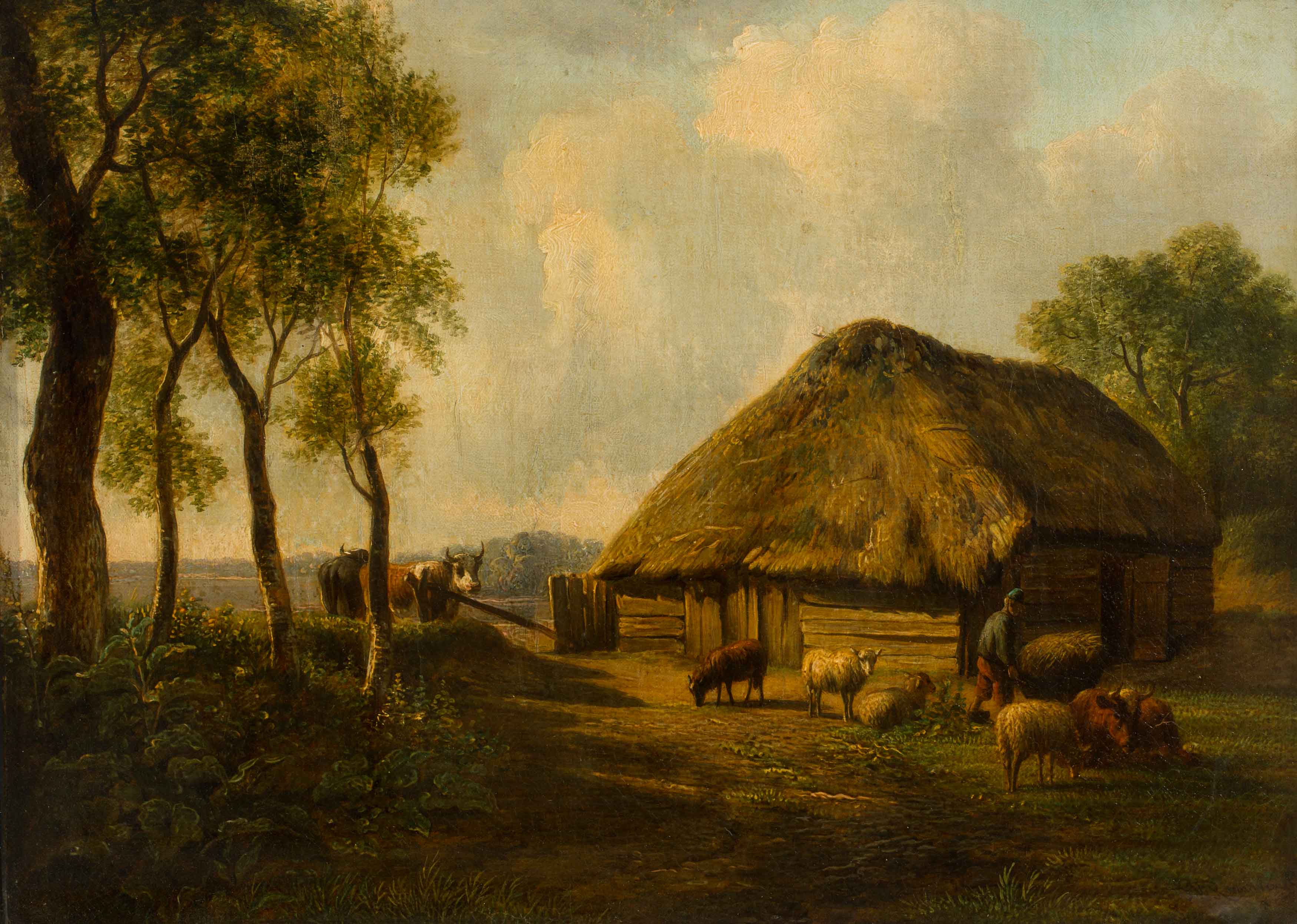 Boer met koeien en schapen bij de stal
