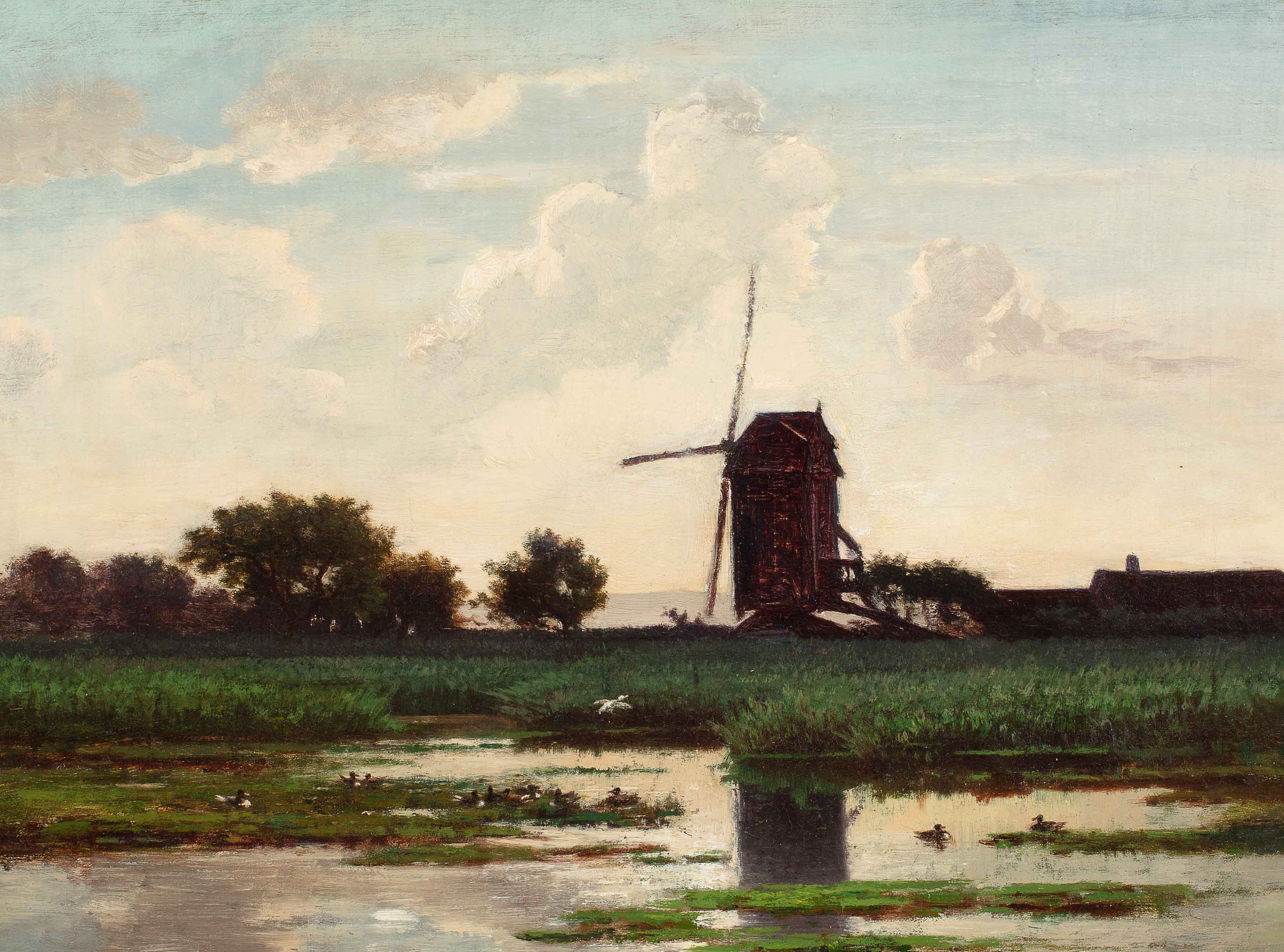 Hollands polderlandschap met molen en eenden aan de waterkant (ca. 1866-1868)