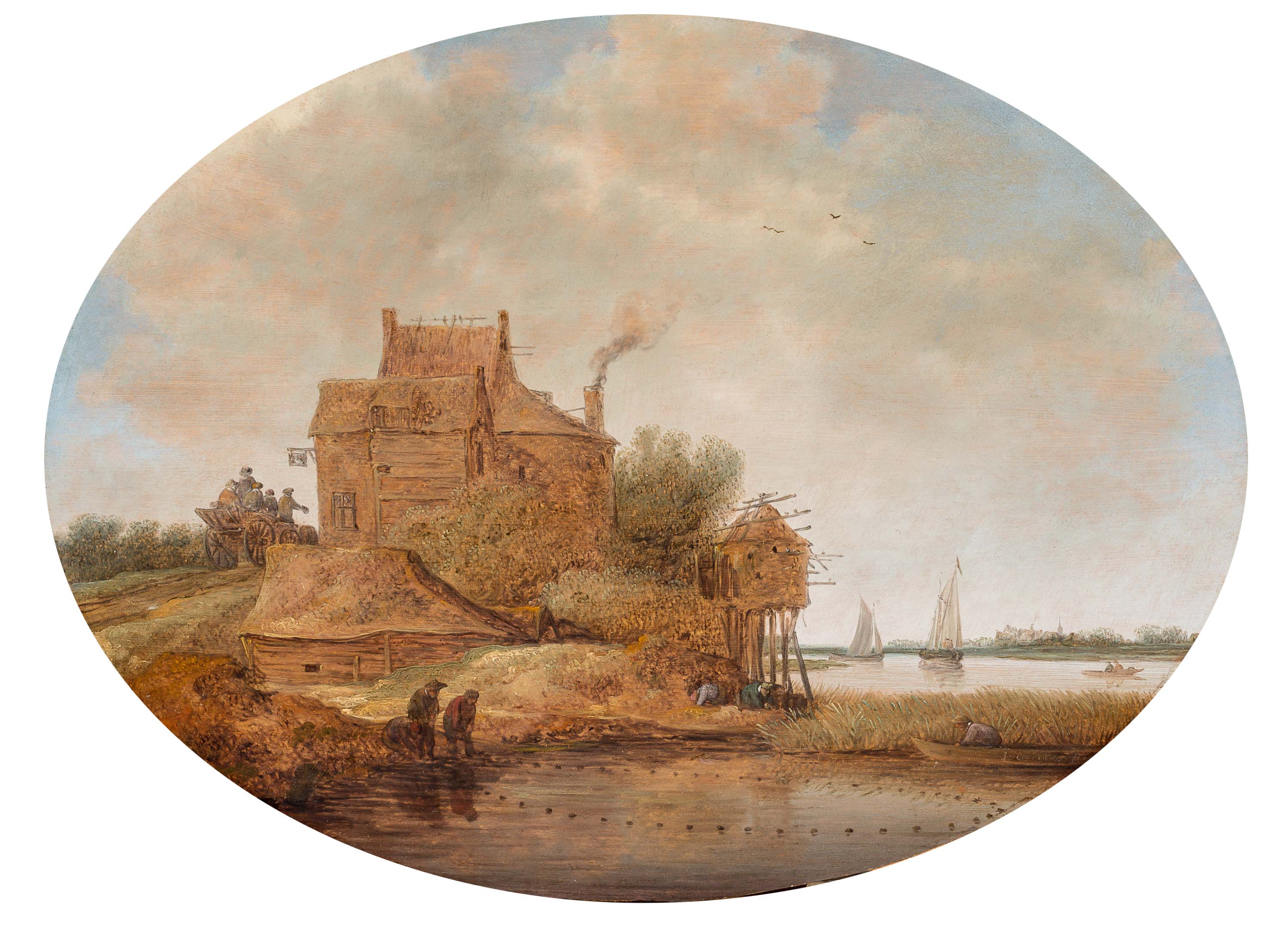 Rivierlandschap met herberg aan het water en vissers met hun net (1640)
