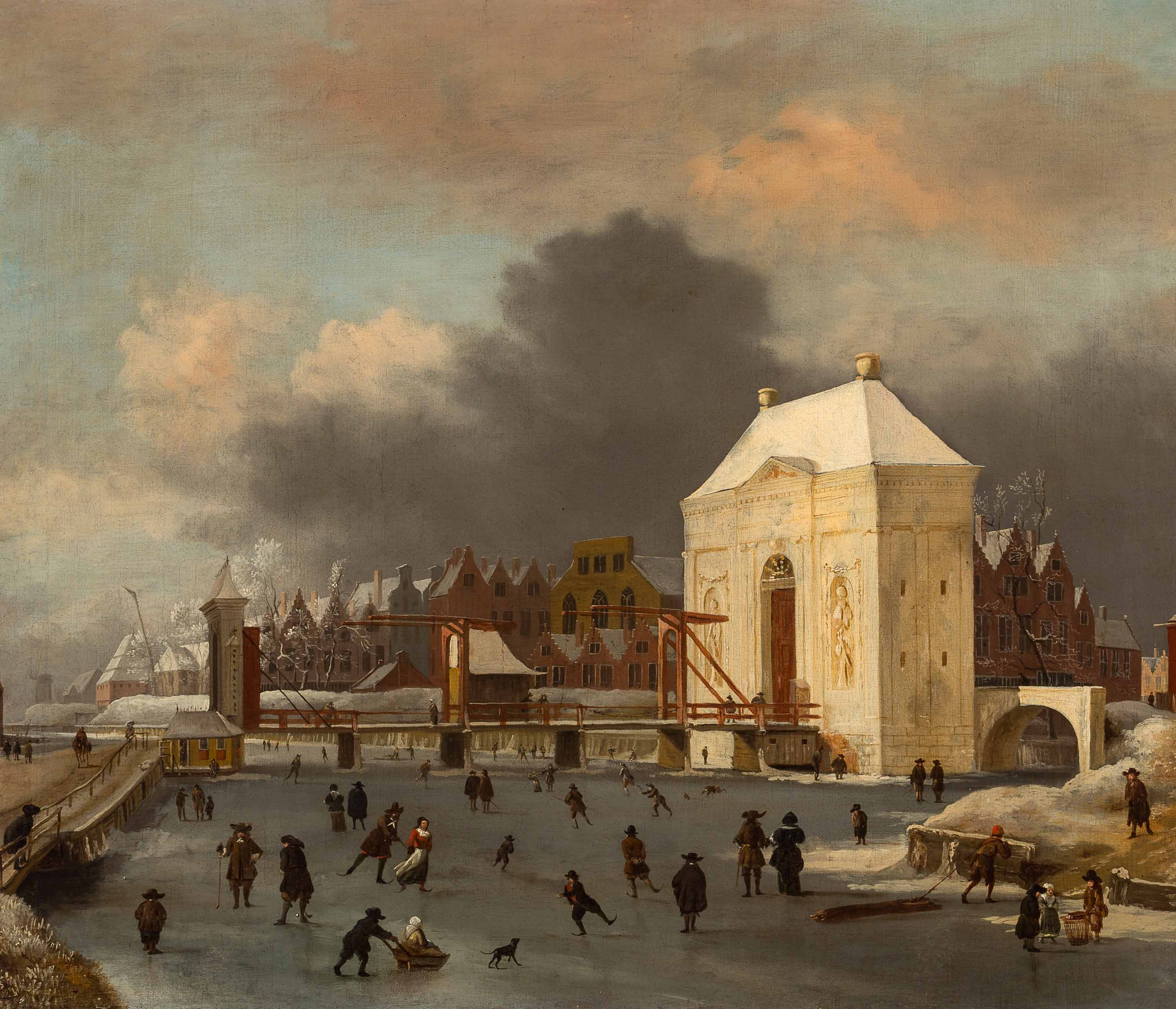 Gezicht op het bevroren Singel voor de Heiligewegspoort te Amsterdam