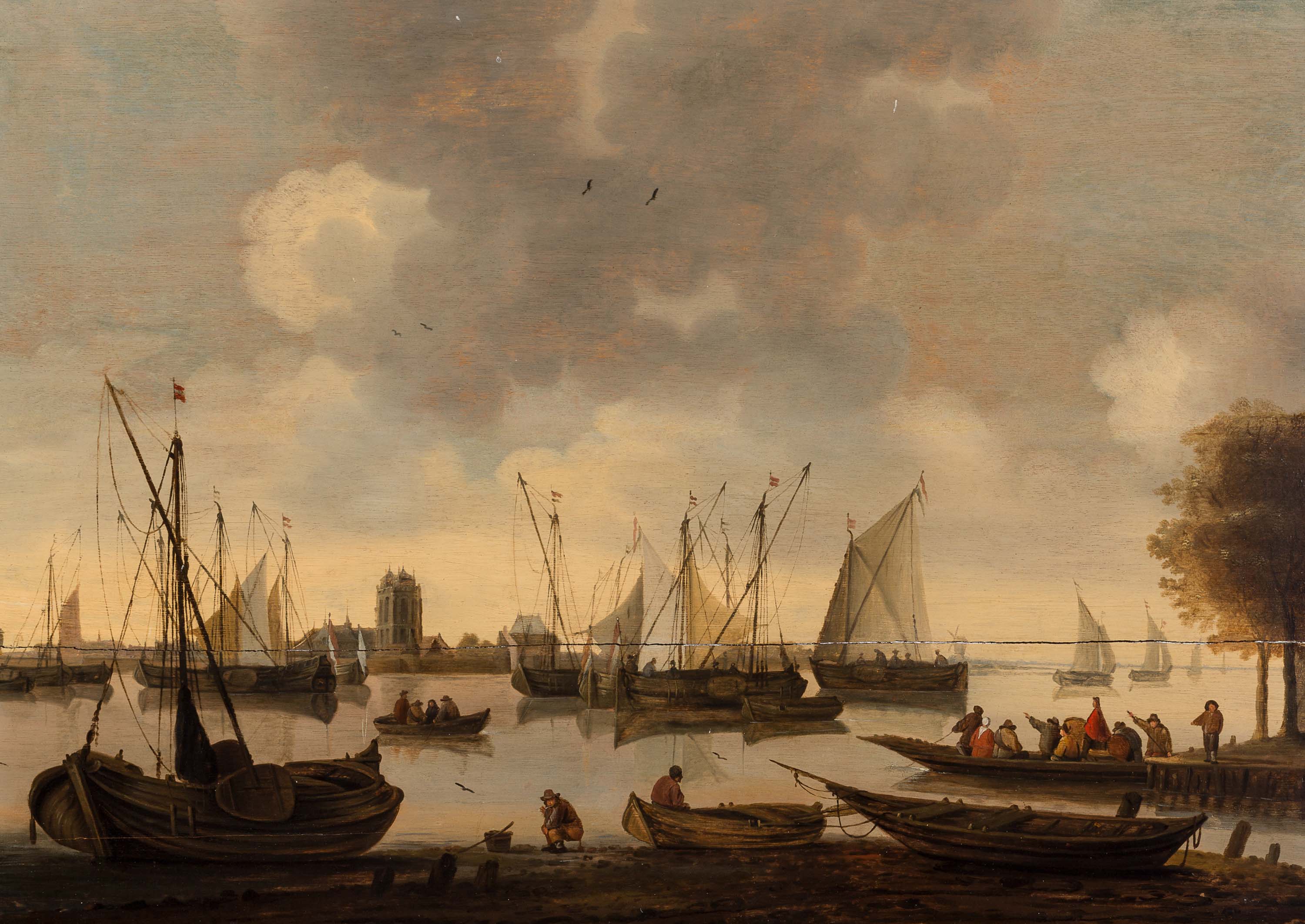 Schepen op de Merwede en Dordrecht aan de horizon
