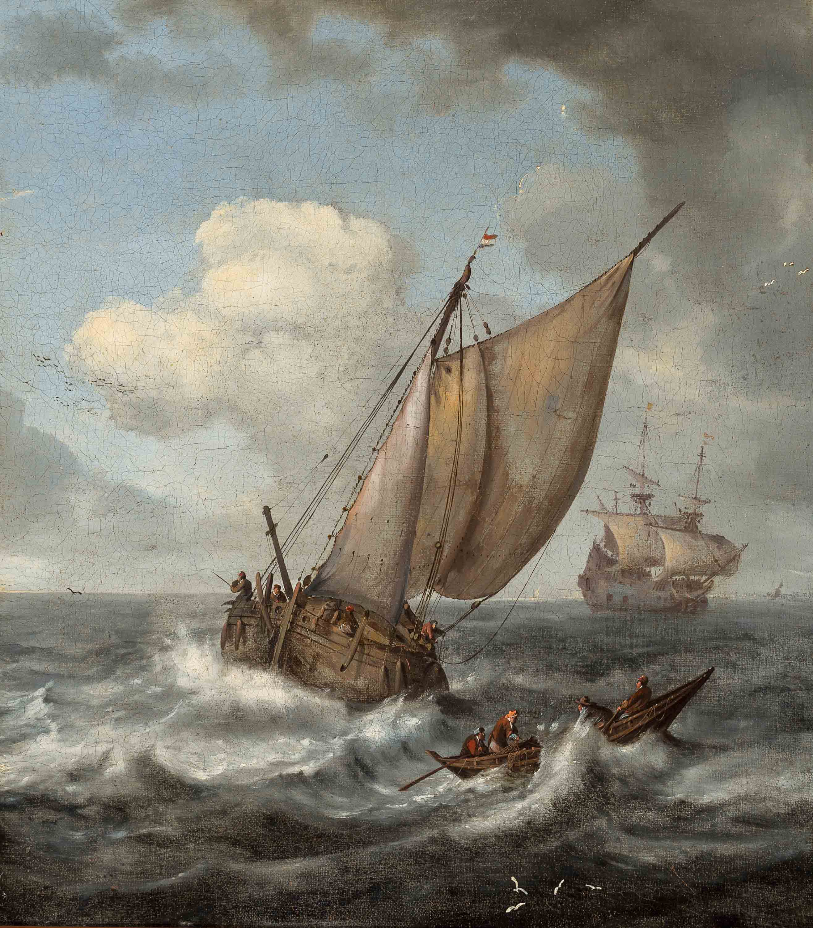 Een vissersboot, roeiboot en Hollandse driemaster op woelig water