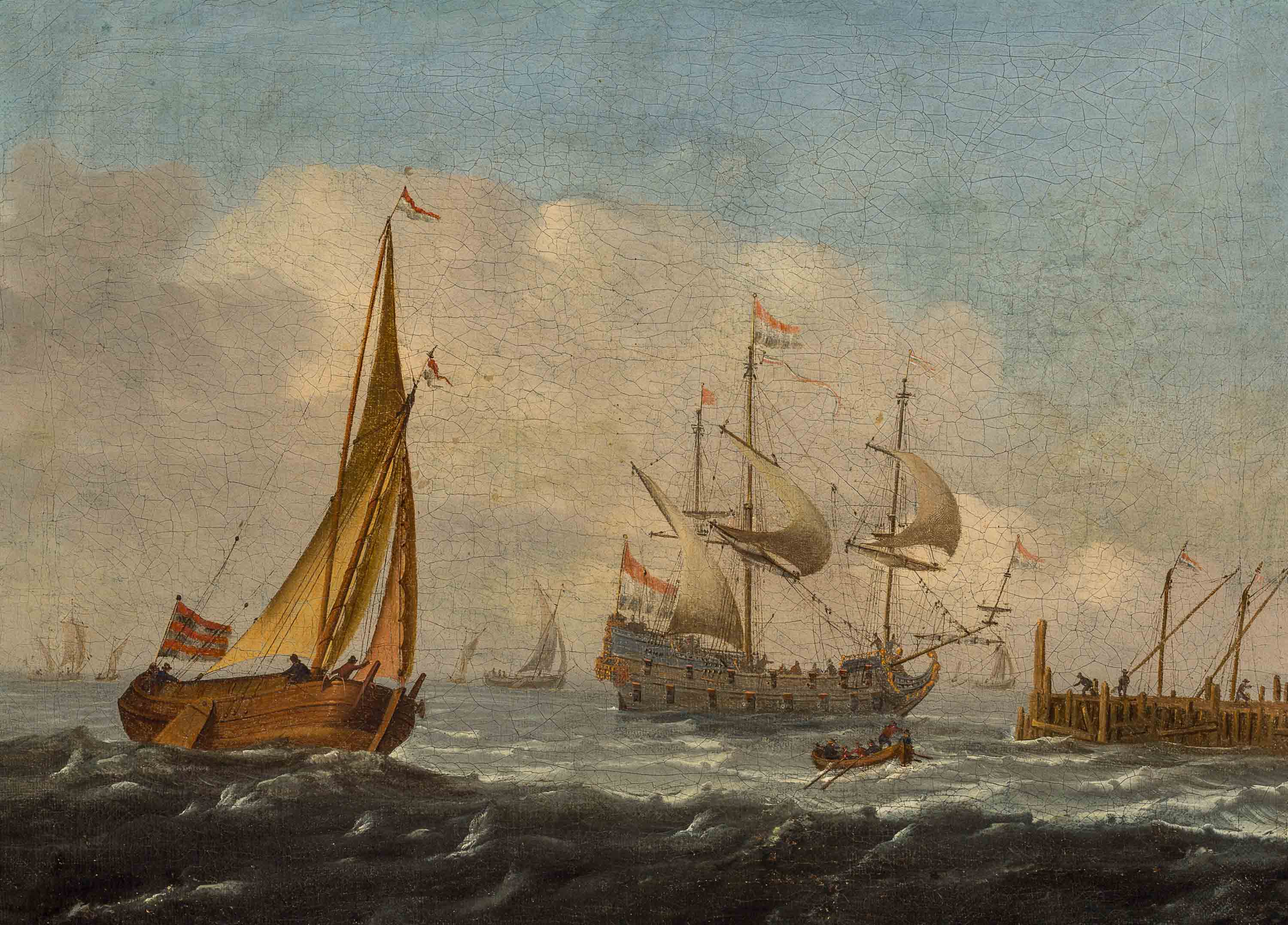 Koopvaardijschip, een Wijdschip en een roeiboot in een zomerse bries bij een kade