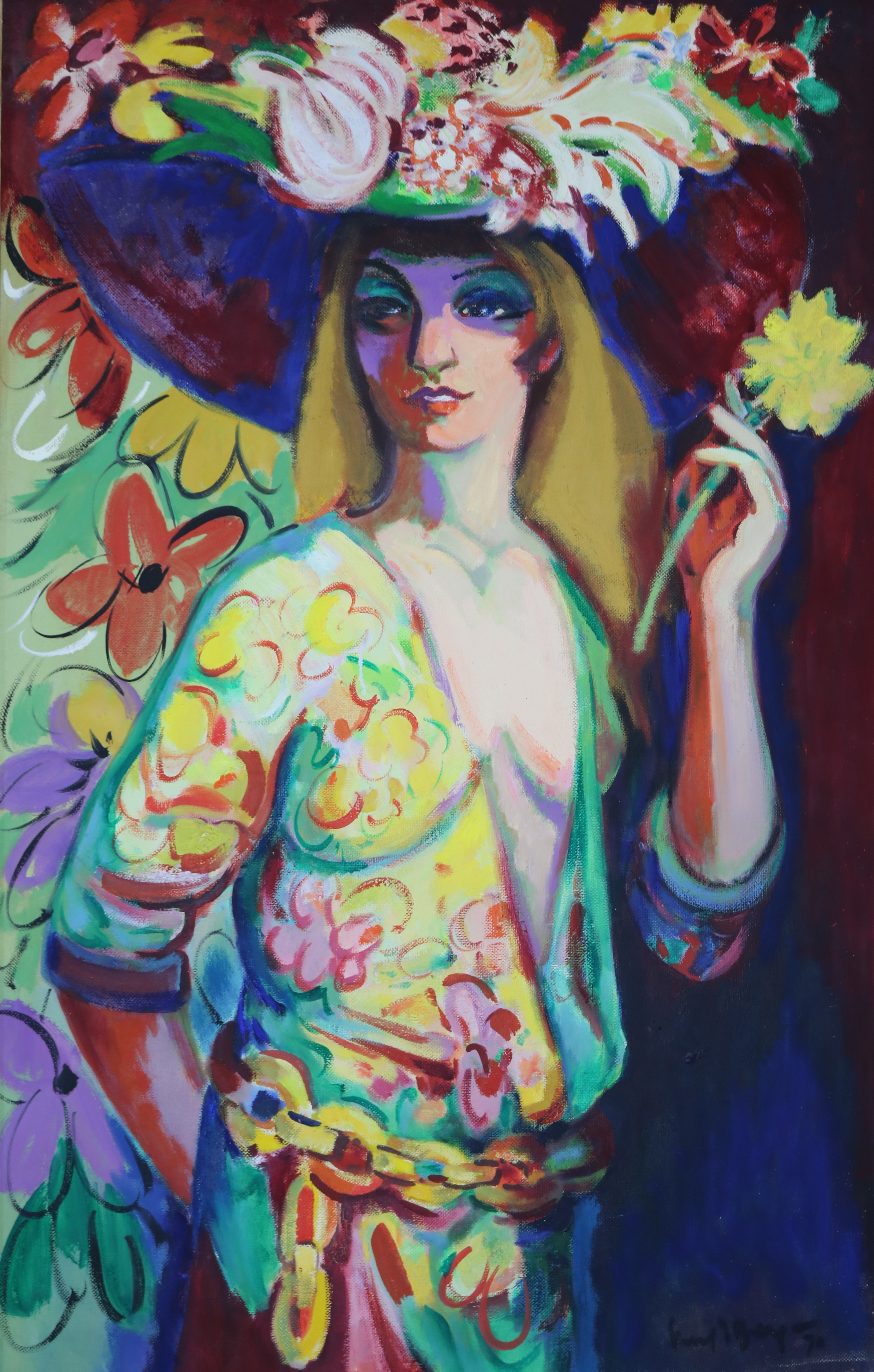 Vrouw met narcis en gekleurde hoed