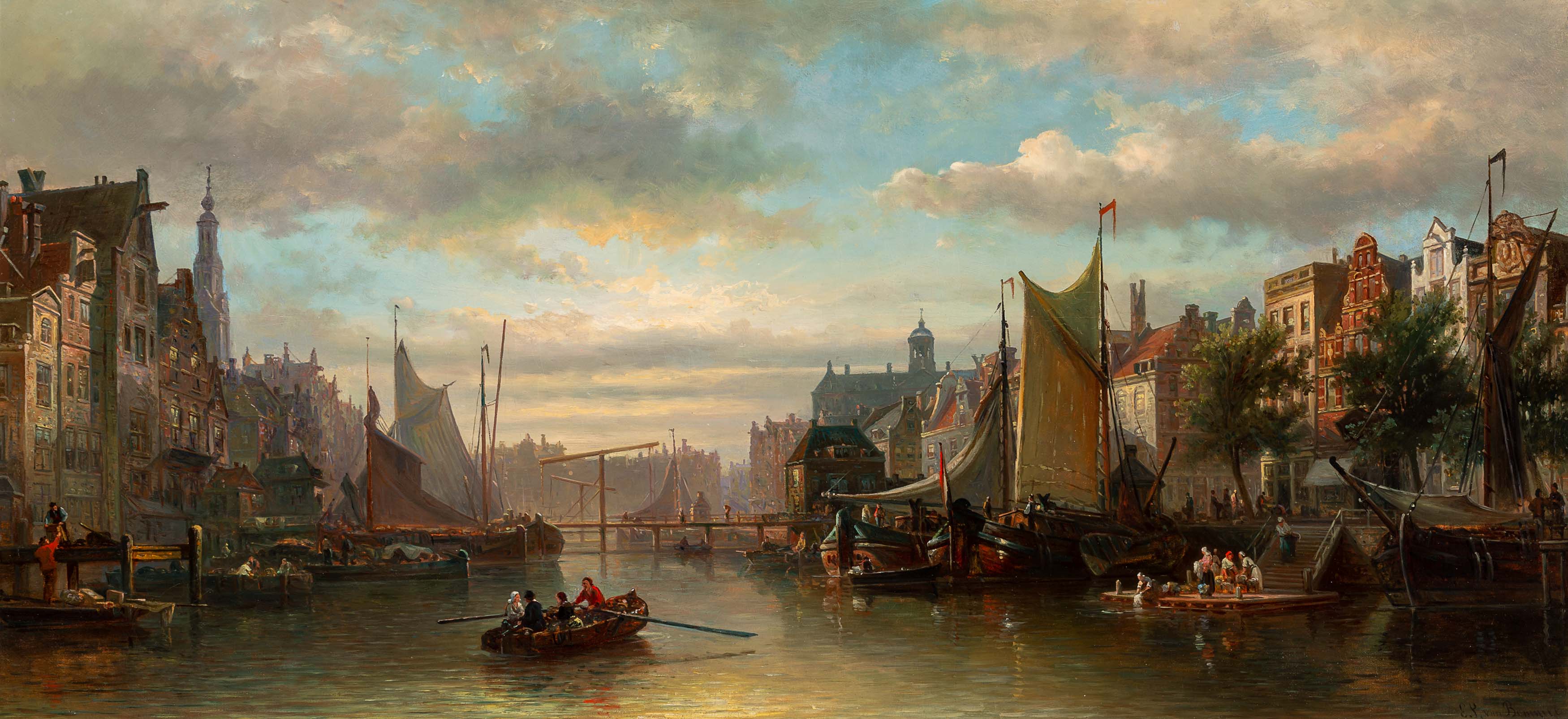 A view of the Damrak with the Royal Palace of Amsterdam in the background