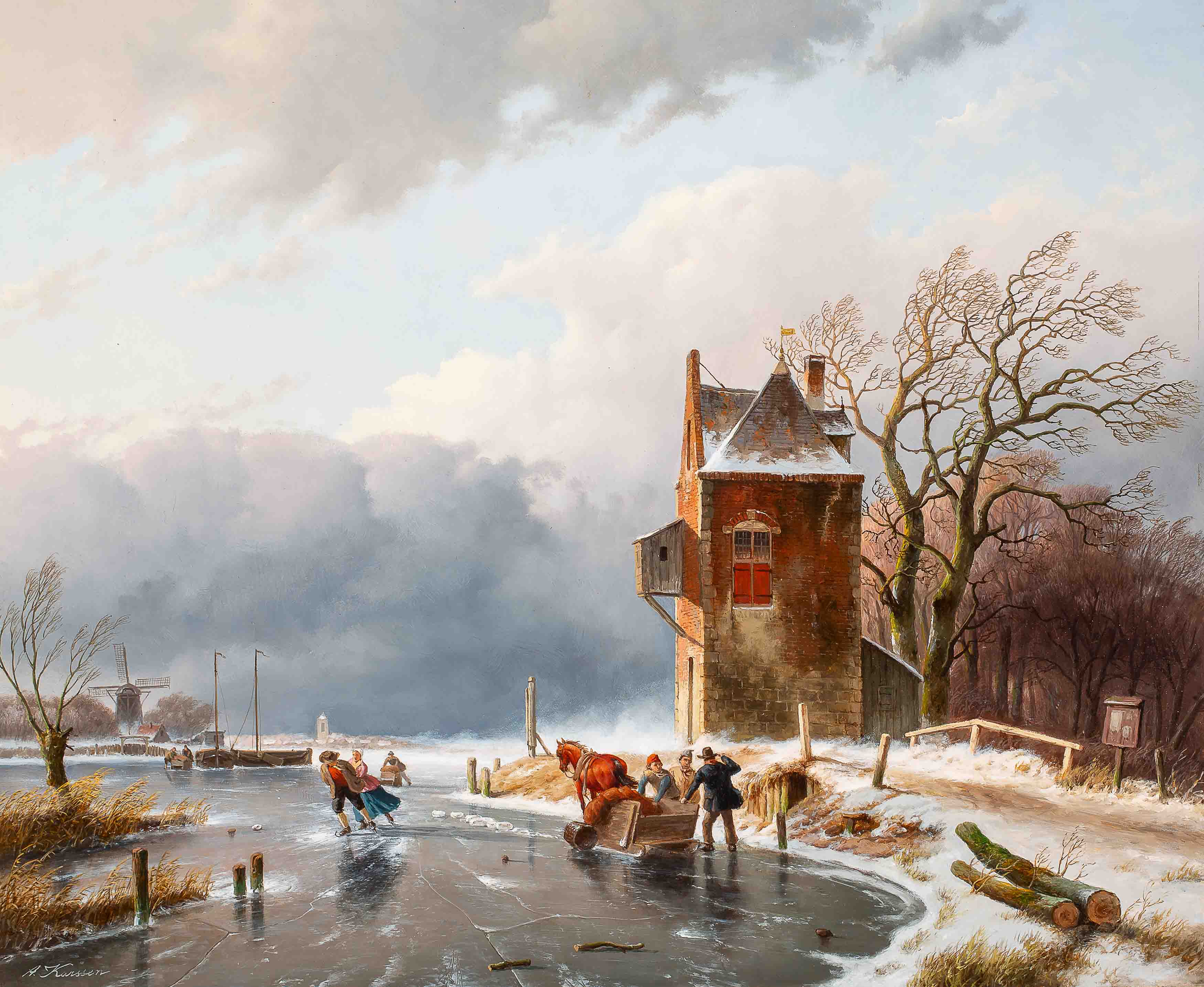 A winter landscape with figures on the ice