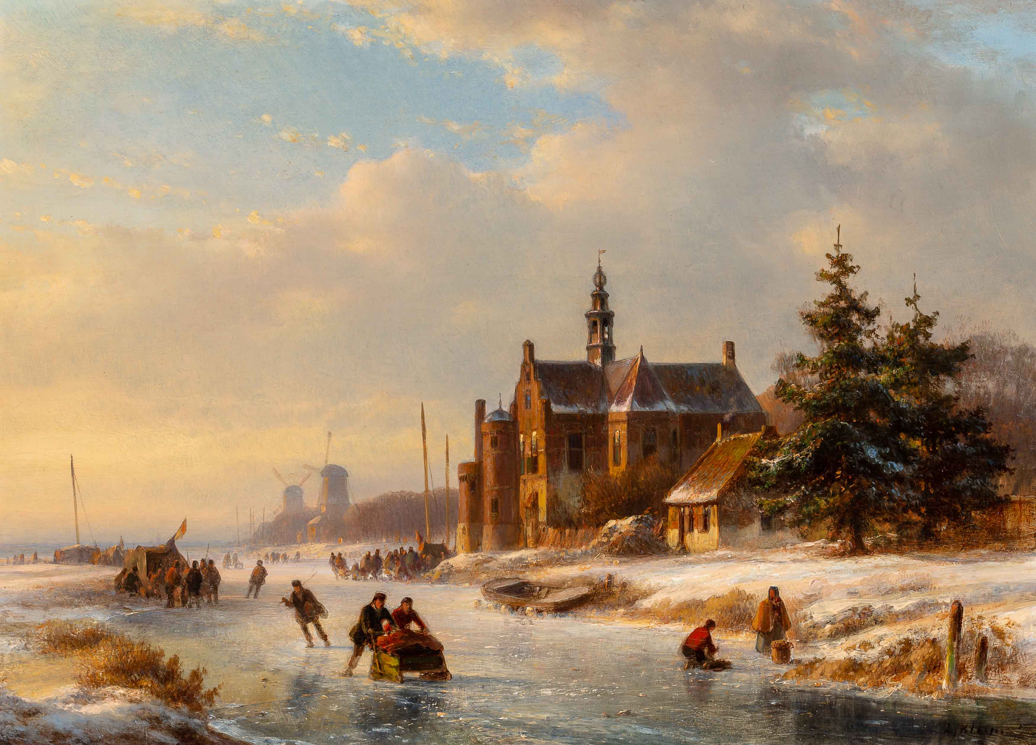 Skaters on a frozen river by a mansion, koek-en-zopie booths beyond
