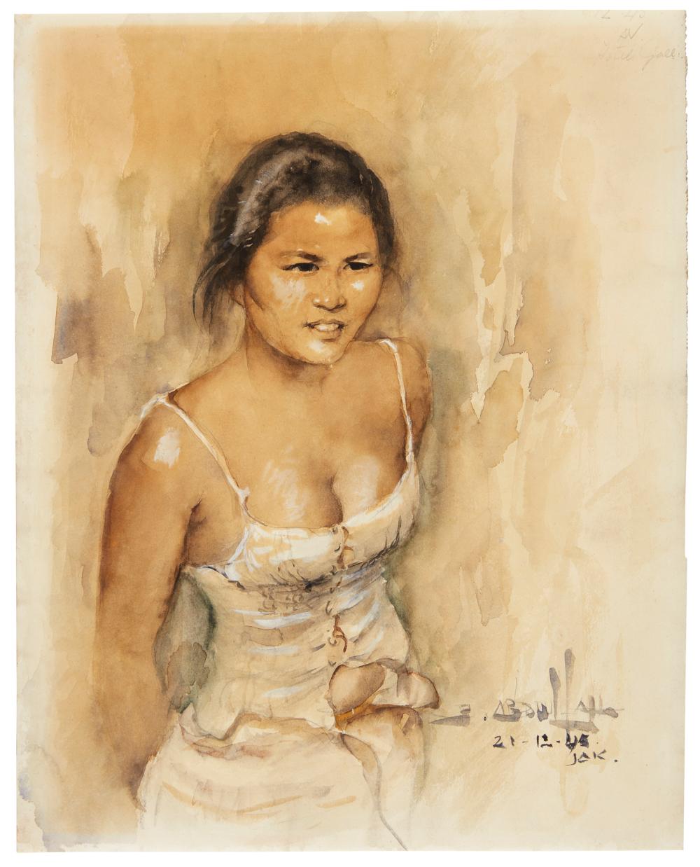 Indisch meisje met gedeeltelijk losgeknoopt onderhemd (Javanese girl with partially unbuttoned undershirt), 1945.