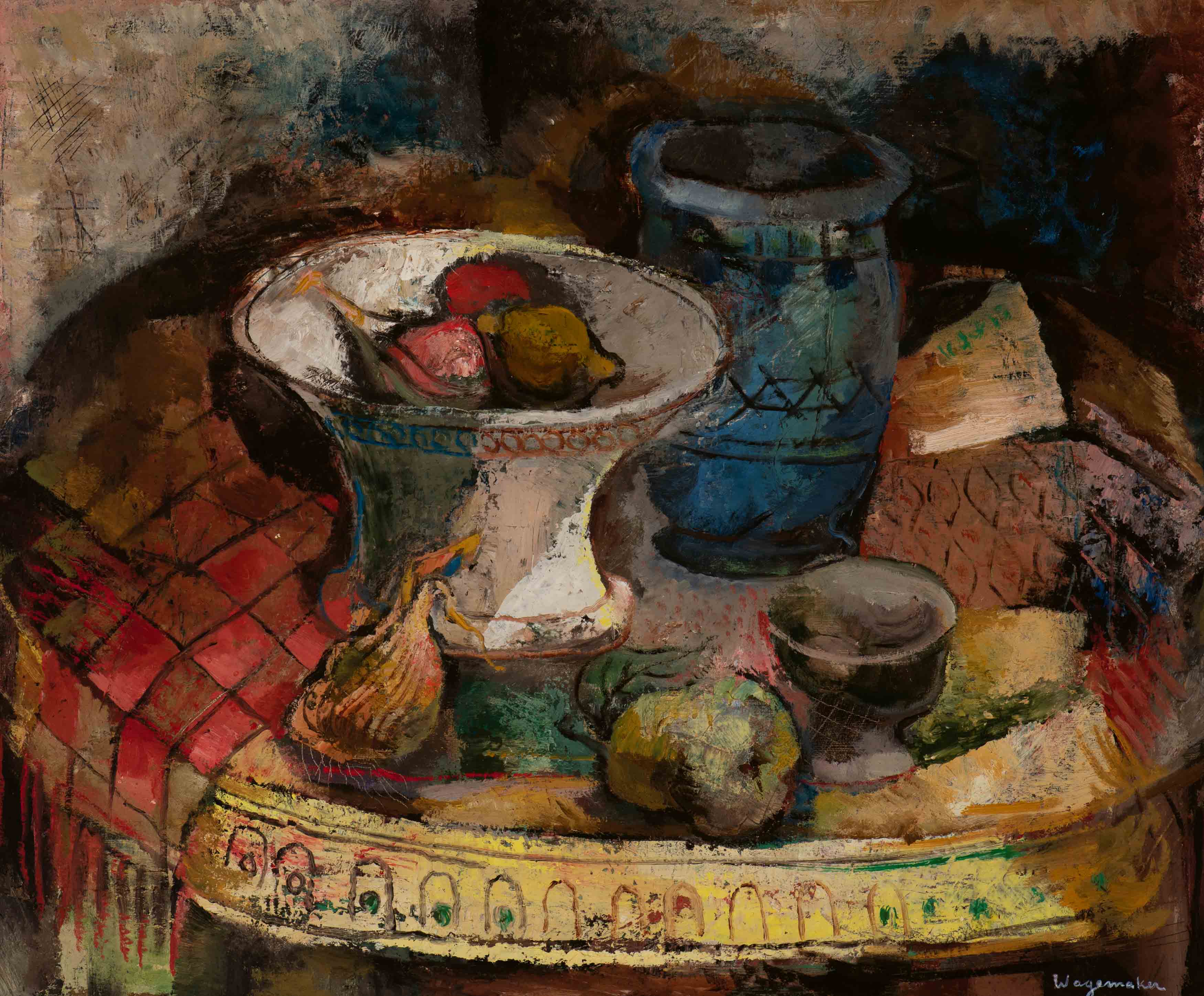 Still life with fruit and vases