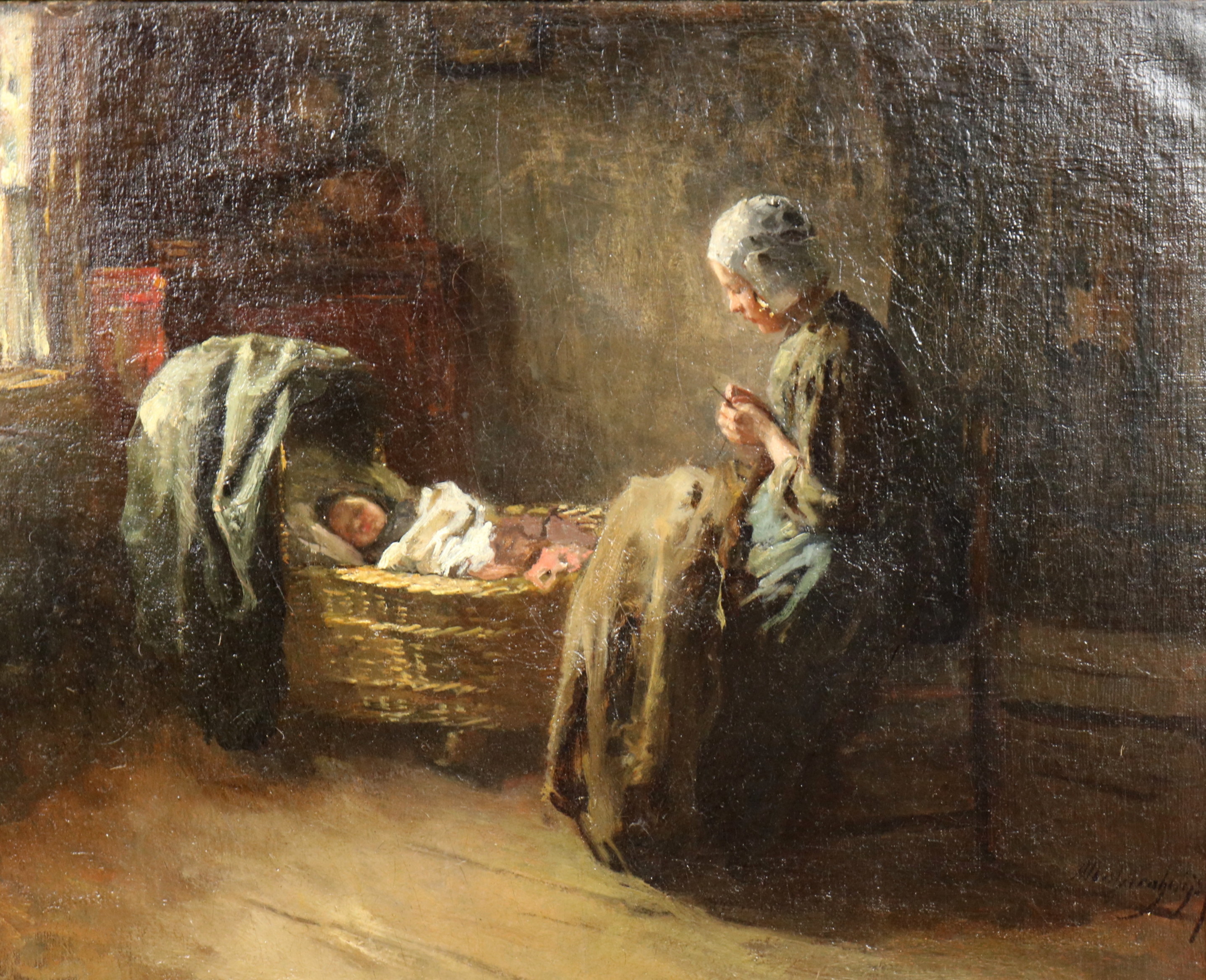 Binnenhuis met jonge moeder en een kind in de wieg Binnenhuis met jonge moeder en een kind in de wieg