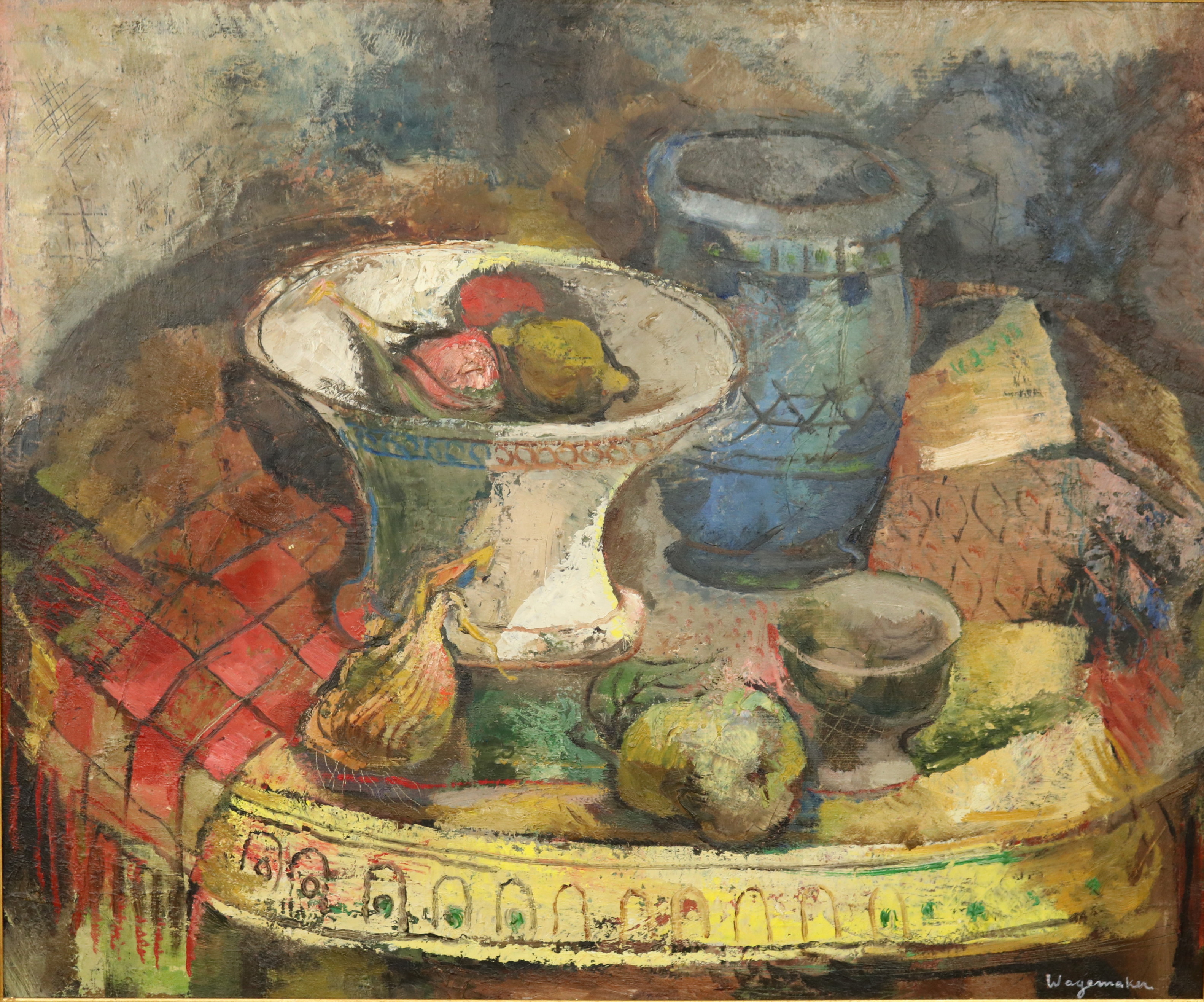 Stilleven met vazen en fruit op een tafel