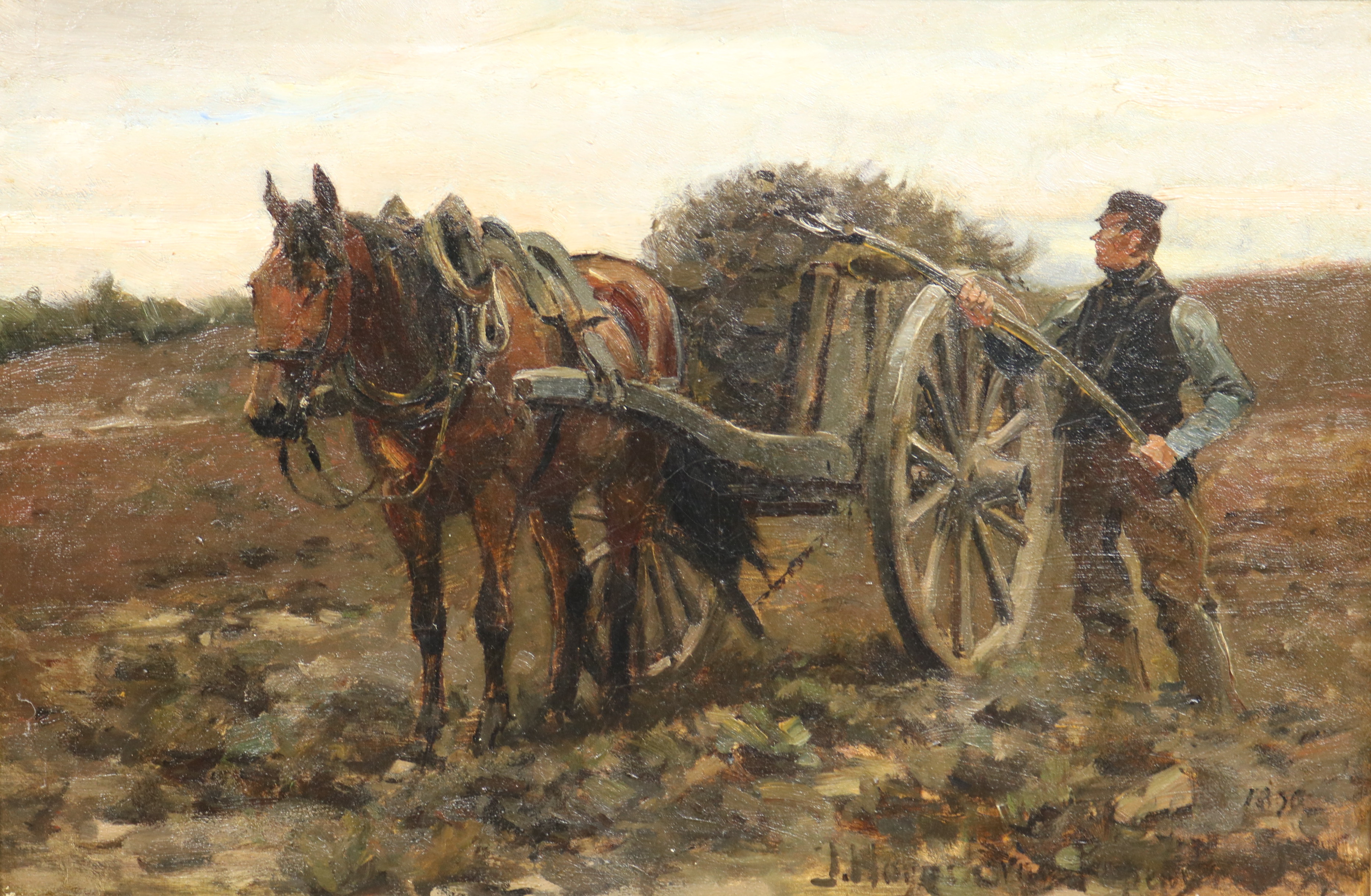 Boer met paard en wagen op het veld