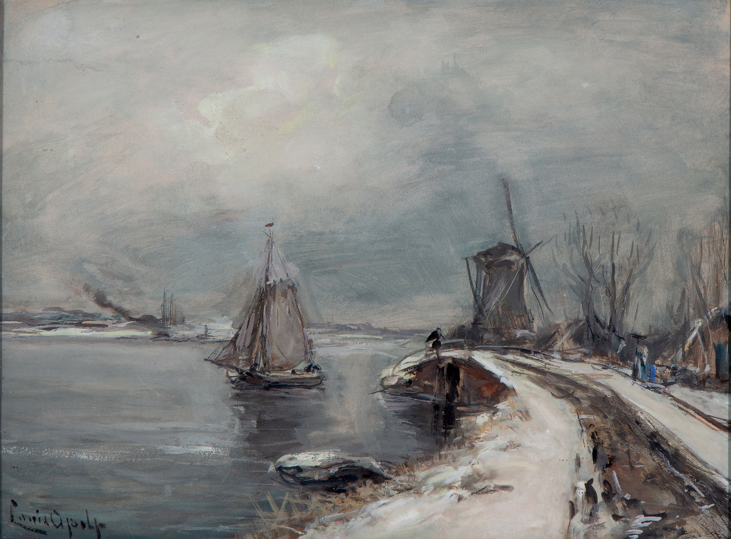 A winter landscape with a boat on a canal