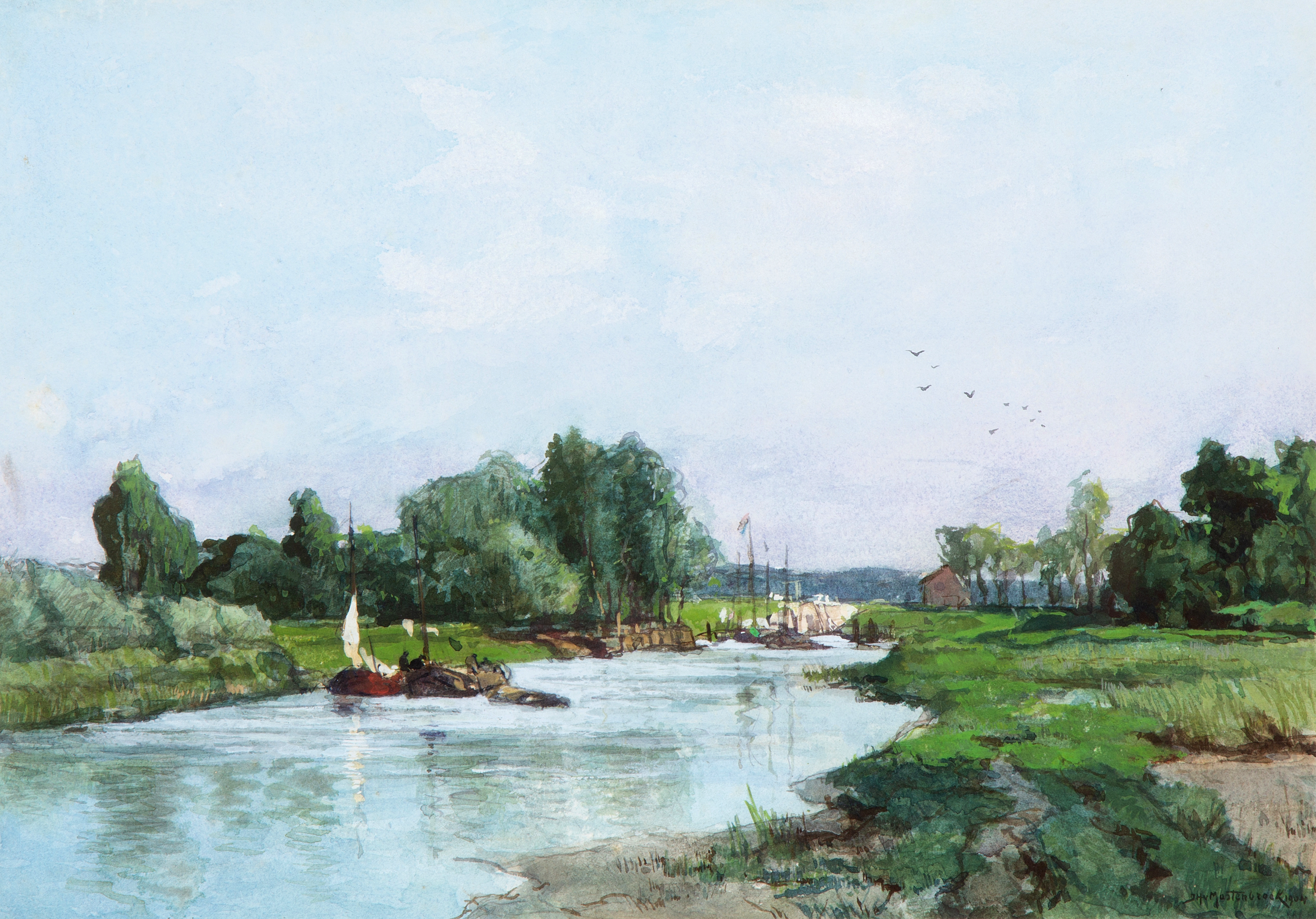 A summer landscape with boats on a river