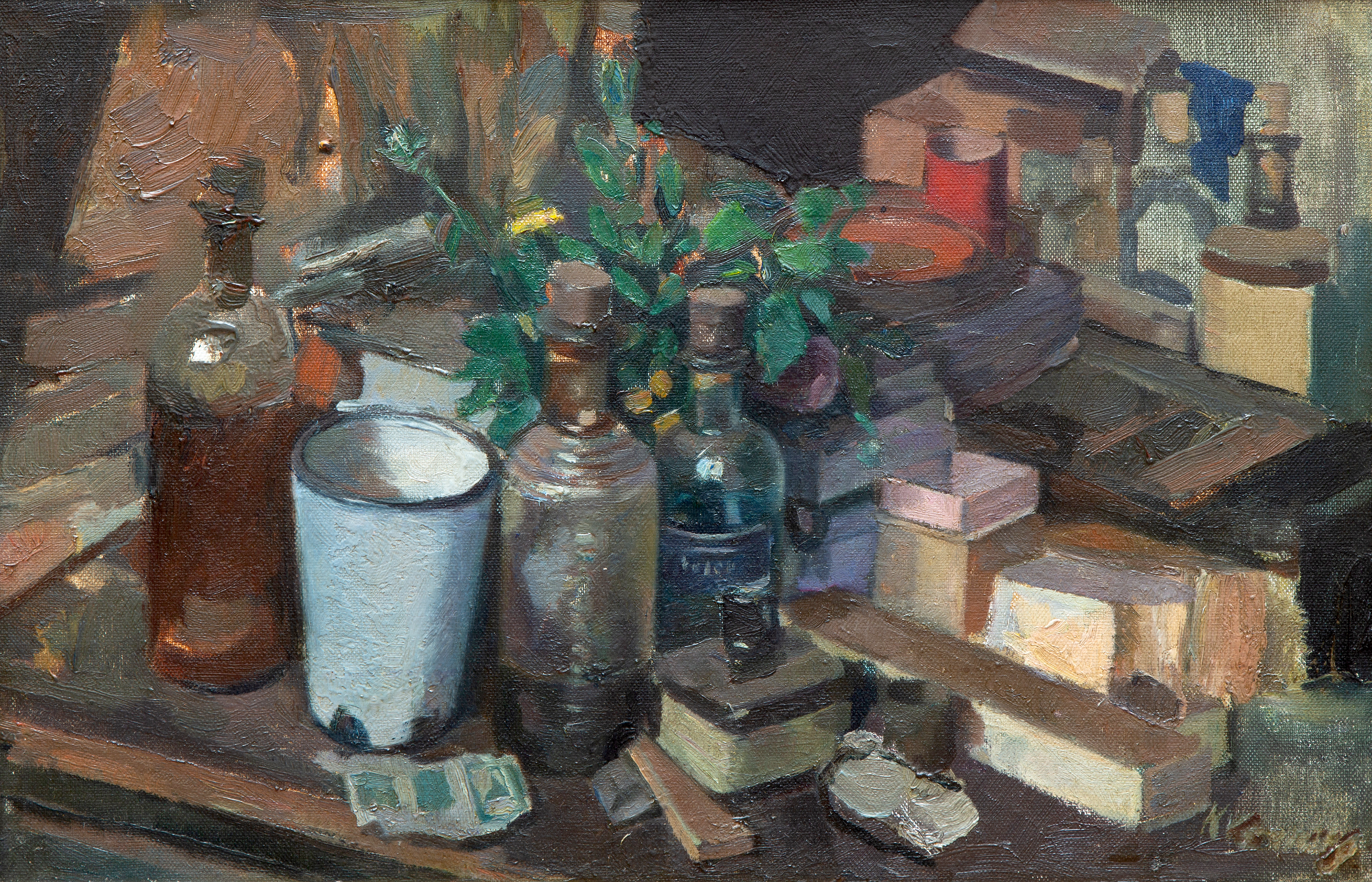 A still life with bottles on a table