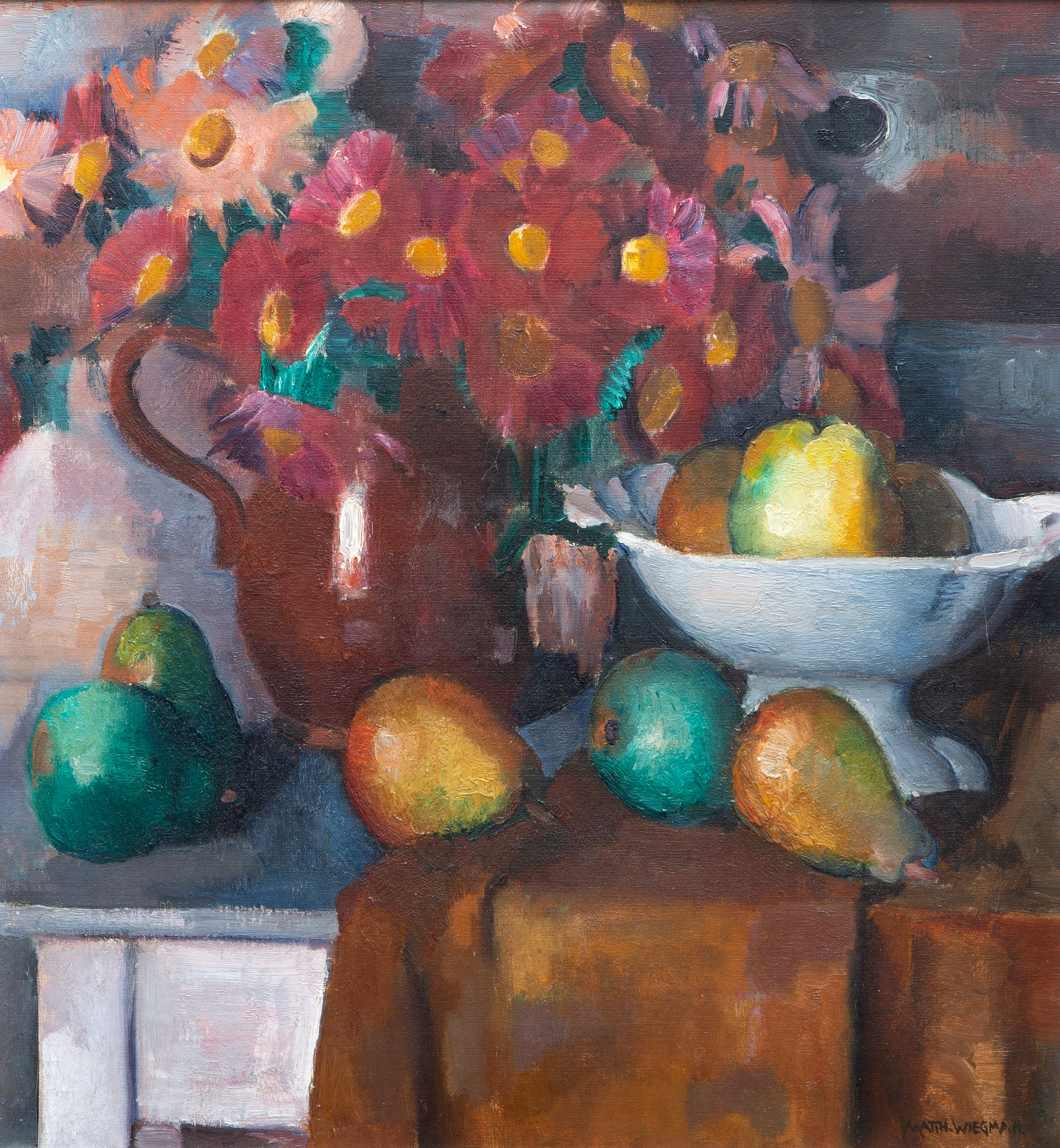 A still life with flowers, a white bowl and fruits