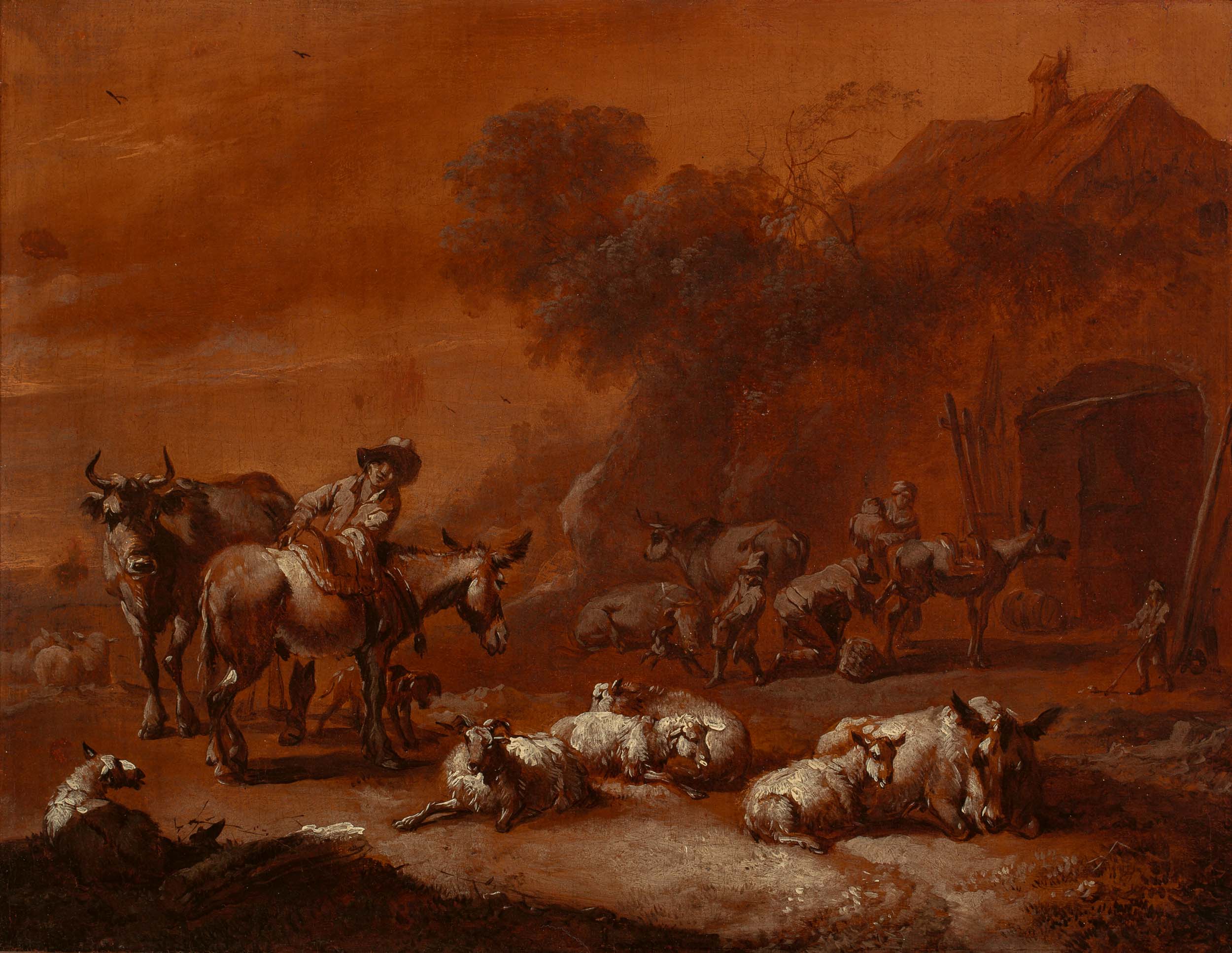 A mountainous landscape with shepherds and herd