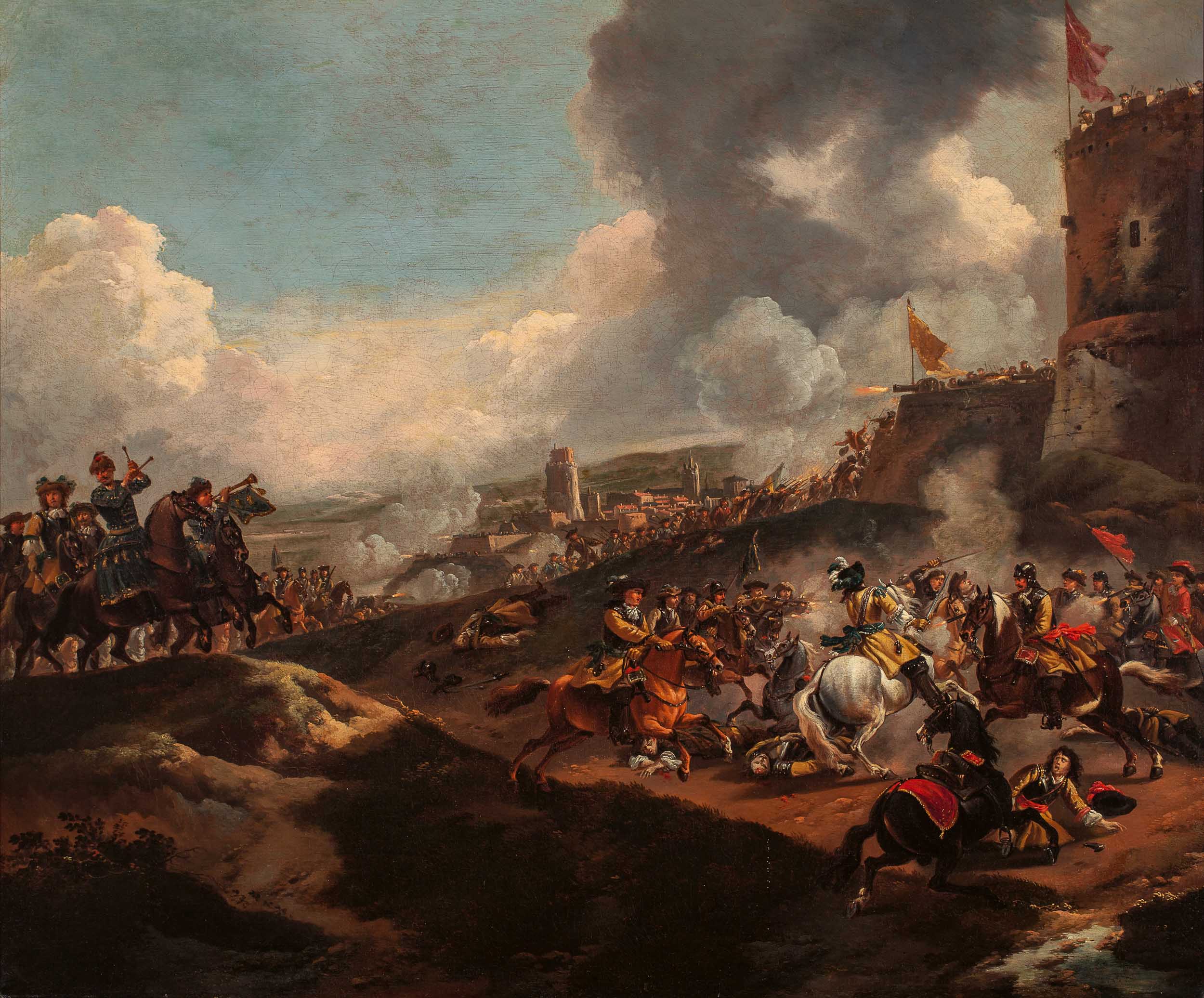 A cavalry battle below a fortress