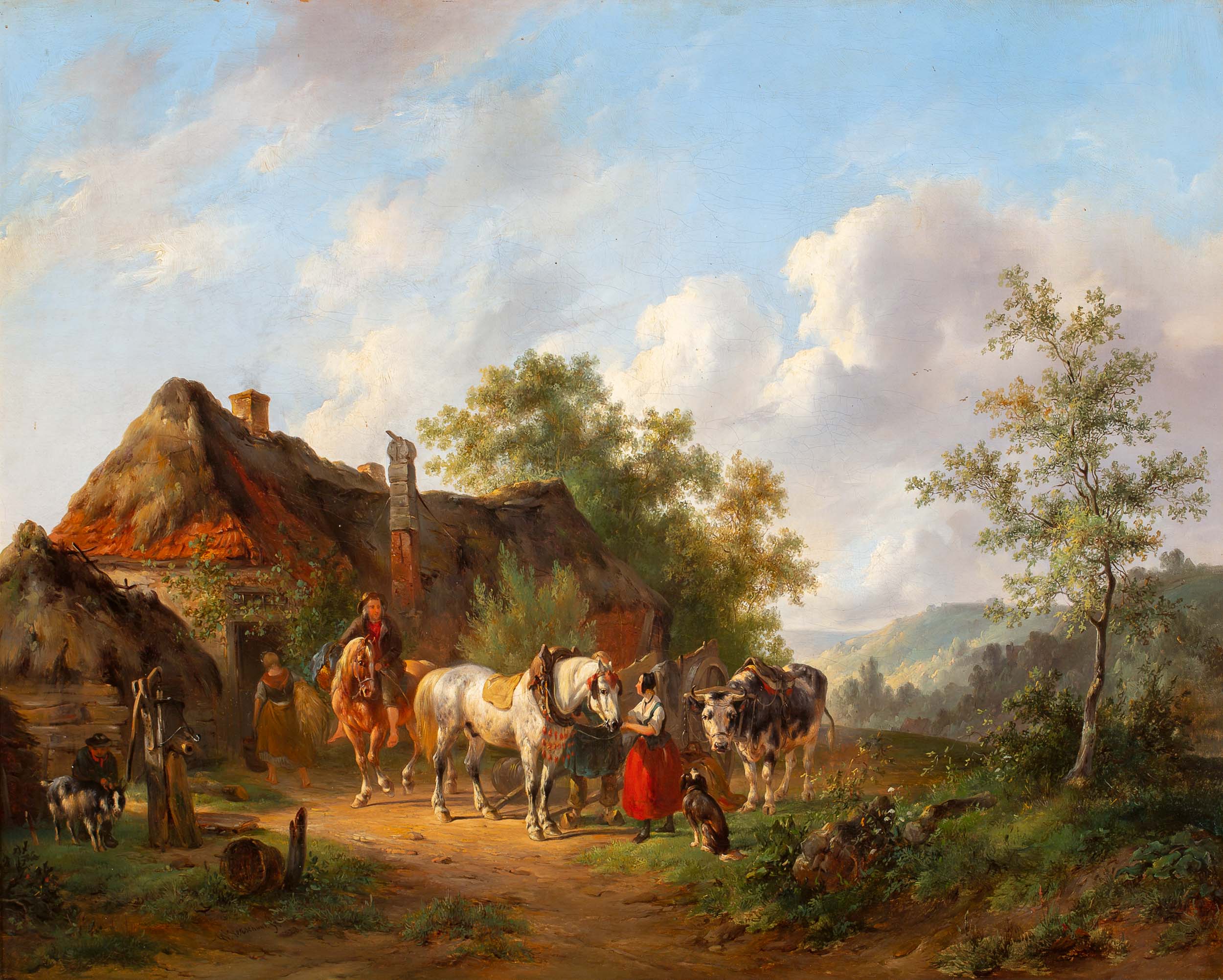 Horses and cows in front of a cottage