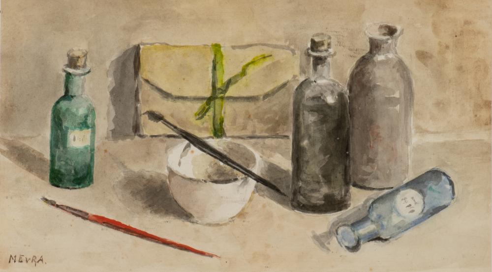 Still life with paint brushes and bottles
