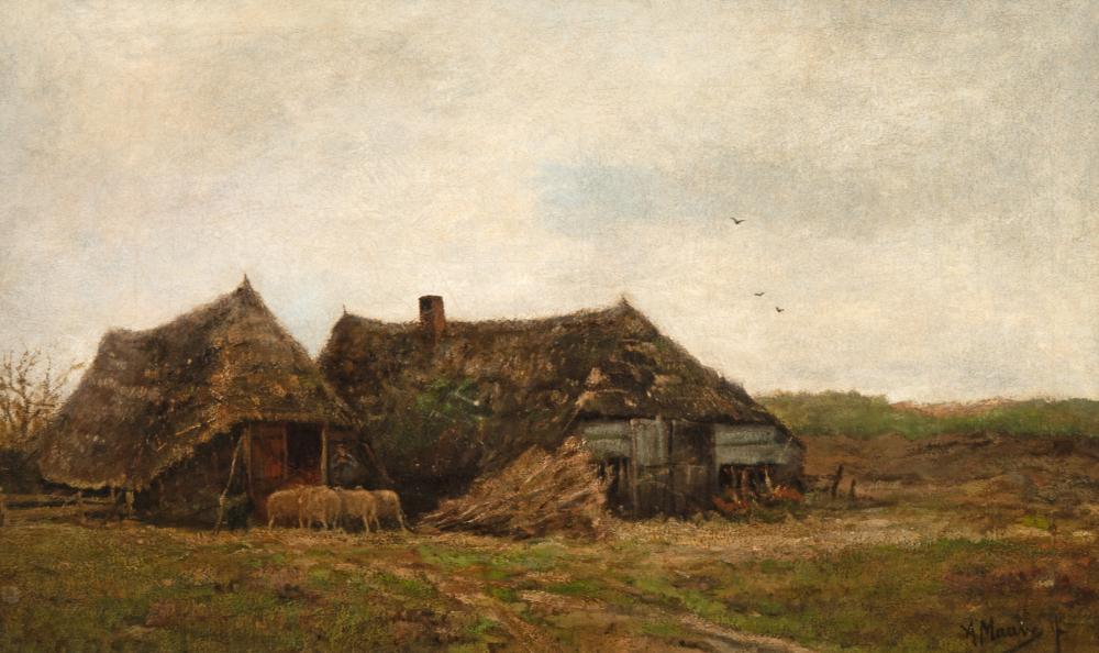 Landscape with farm and sheep