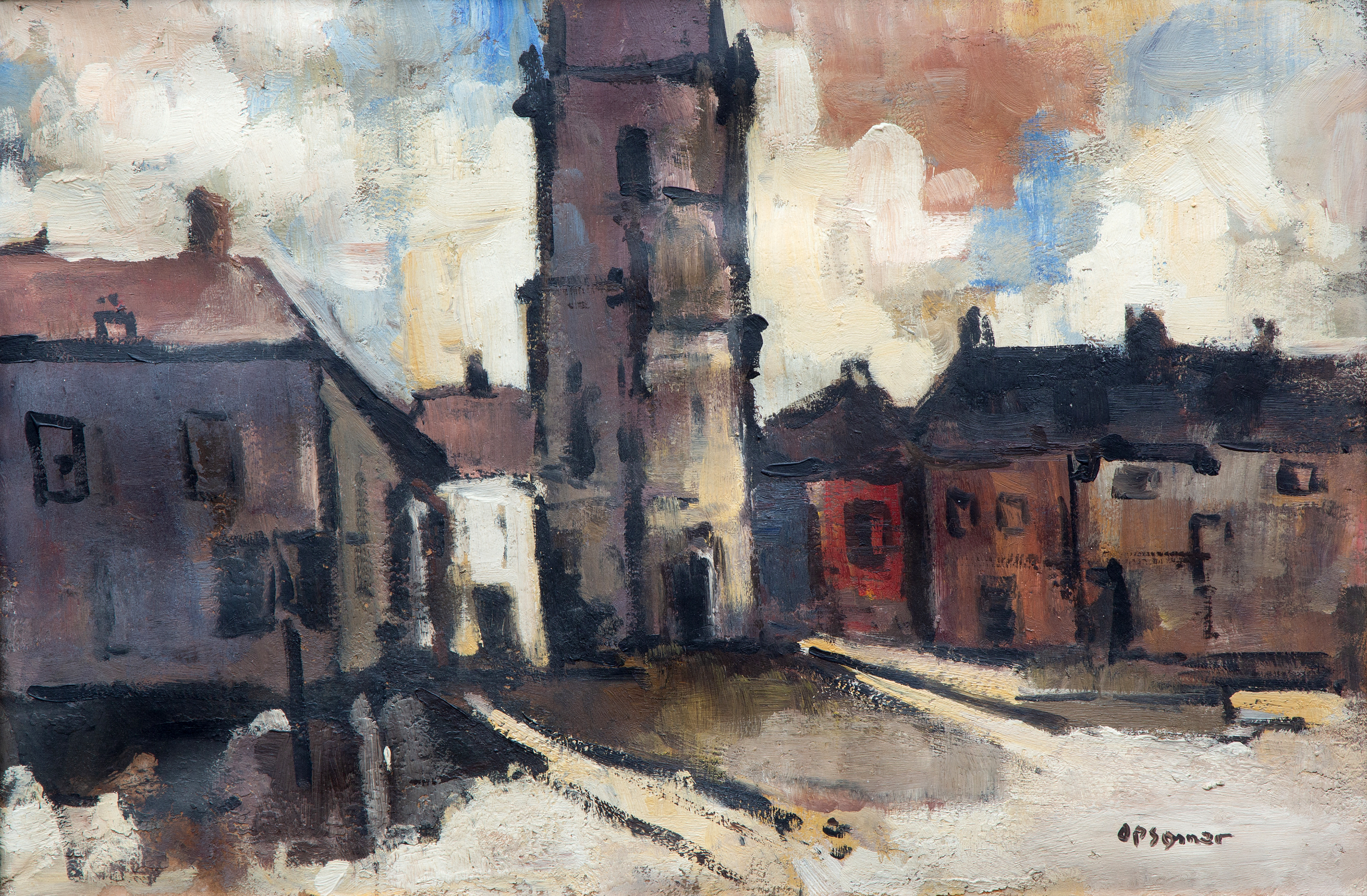 Huizen bij een kerktoren