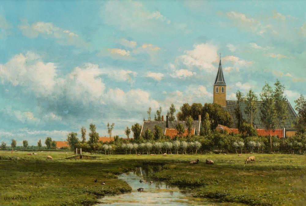 Polder landscape with a village in the distance