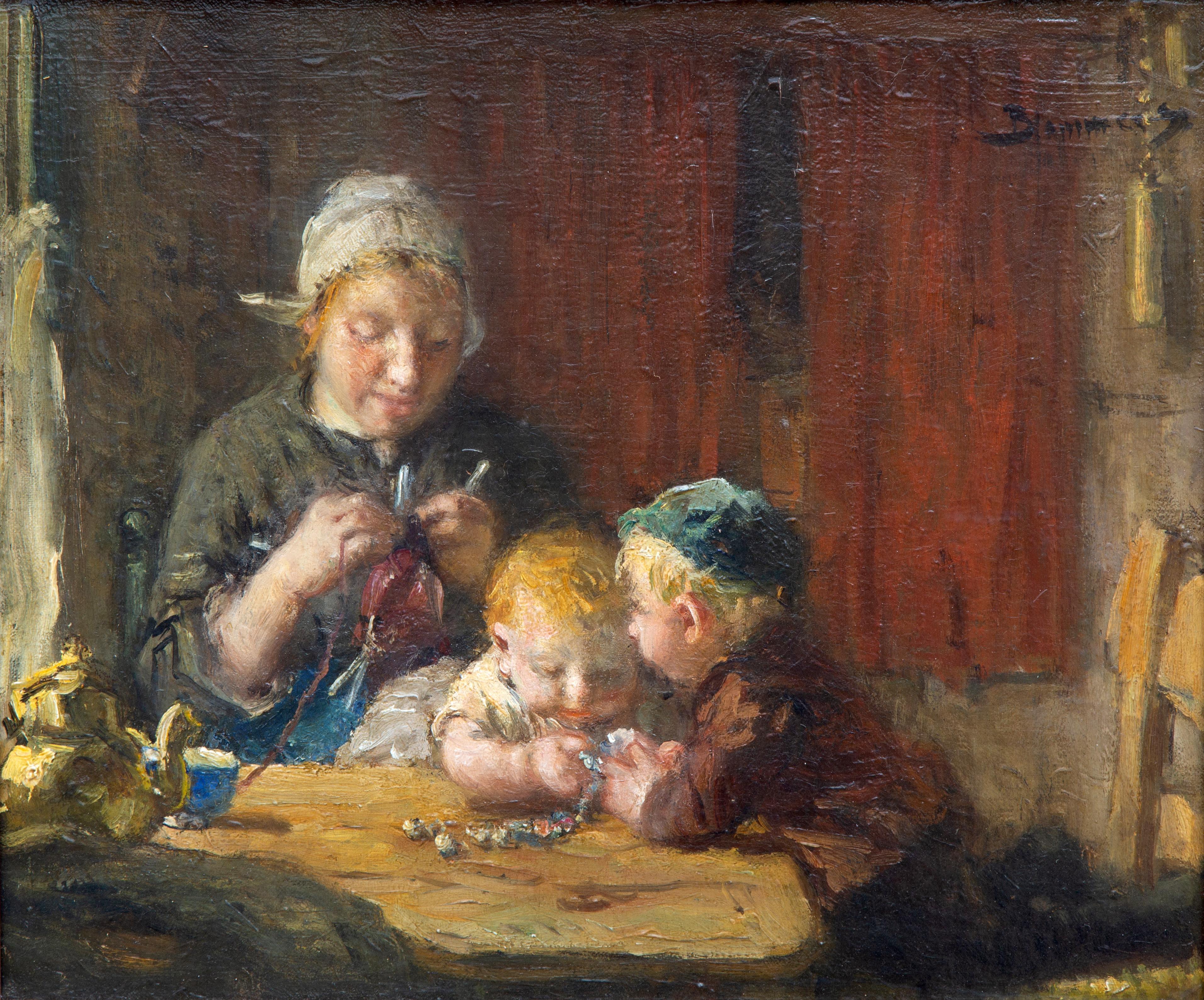 An interior with a mother knitting and children playing