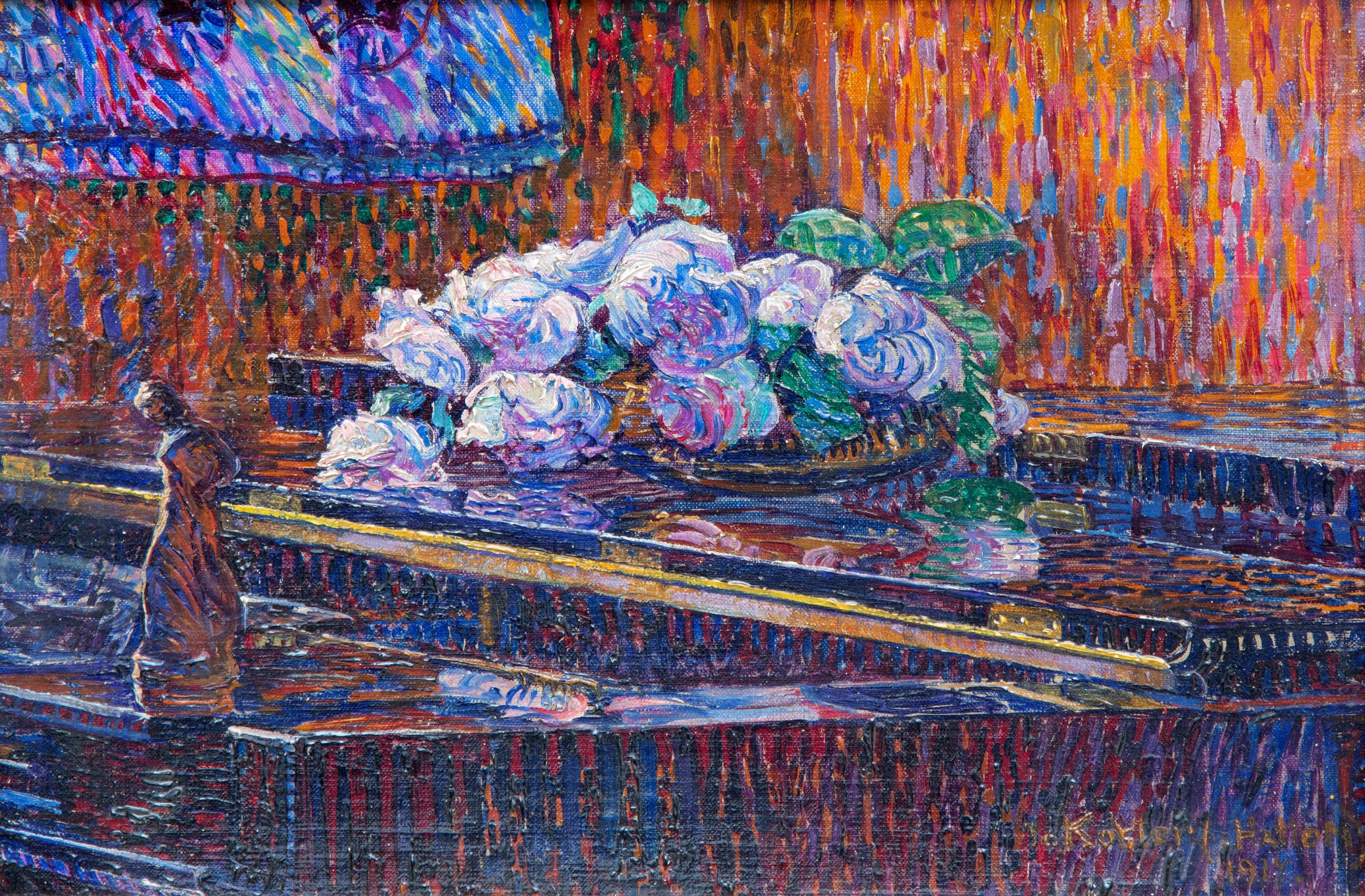 A still life of roses and a sculpture on a piano A still life of roses and a sculpture on a piano