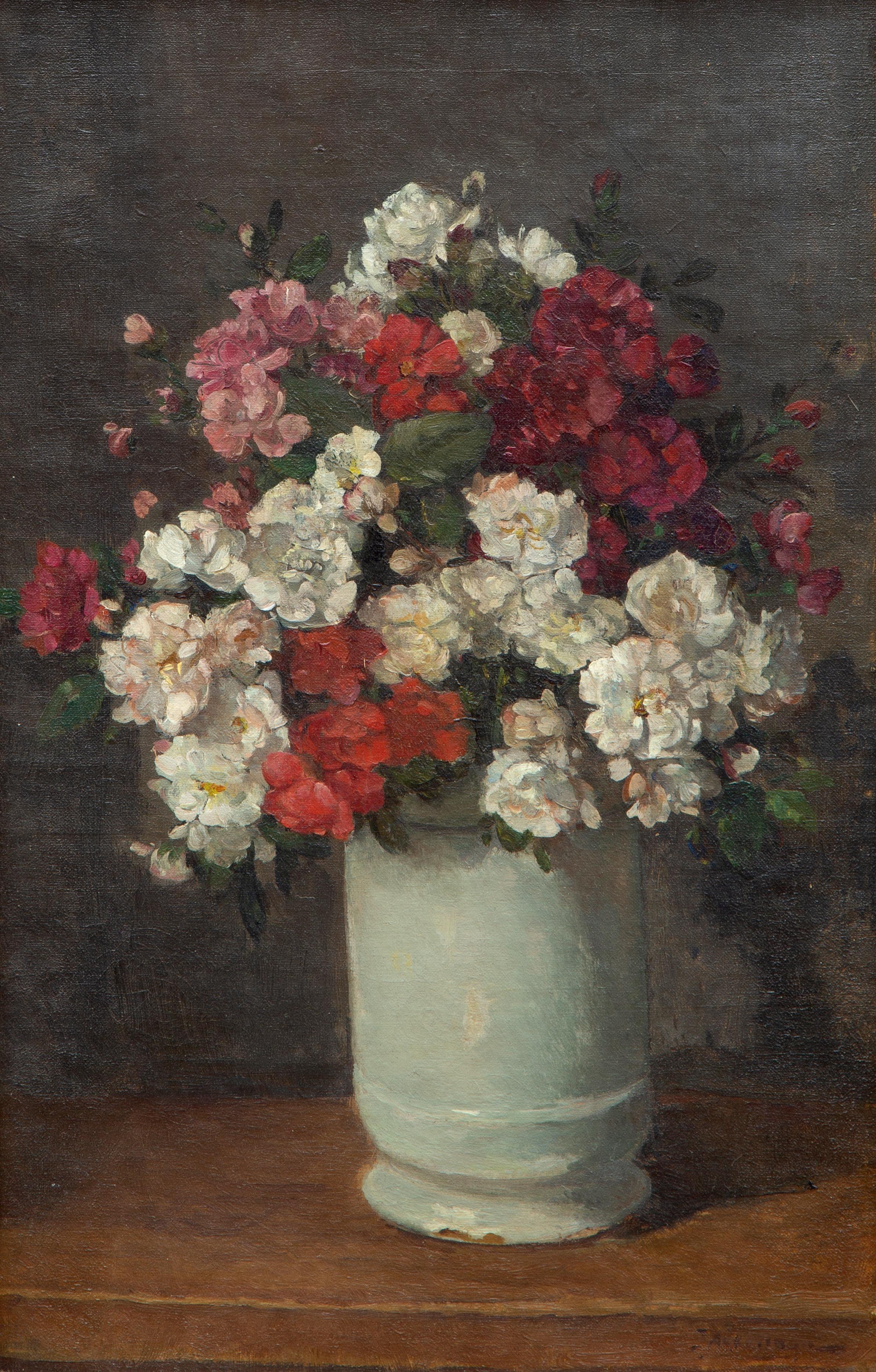 A still life of flowers in a gray vase