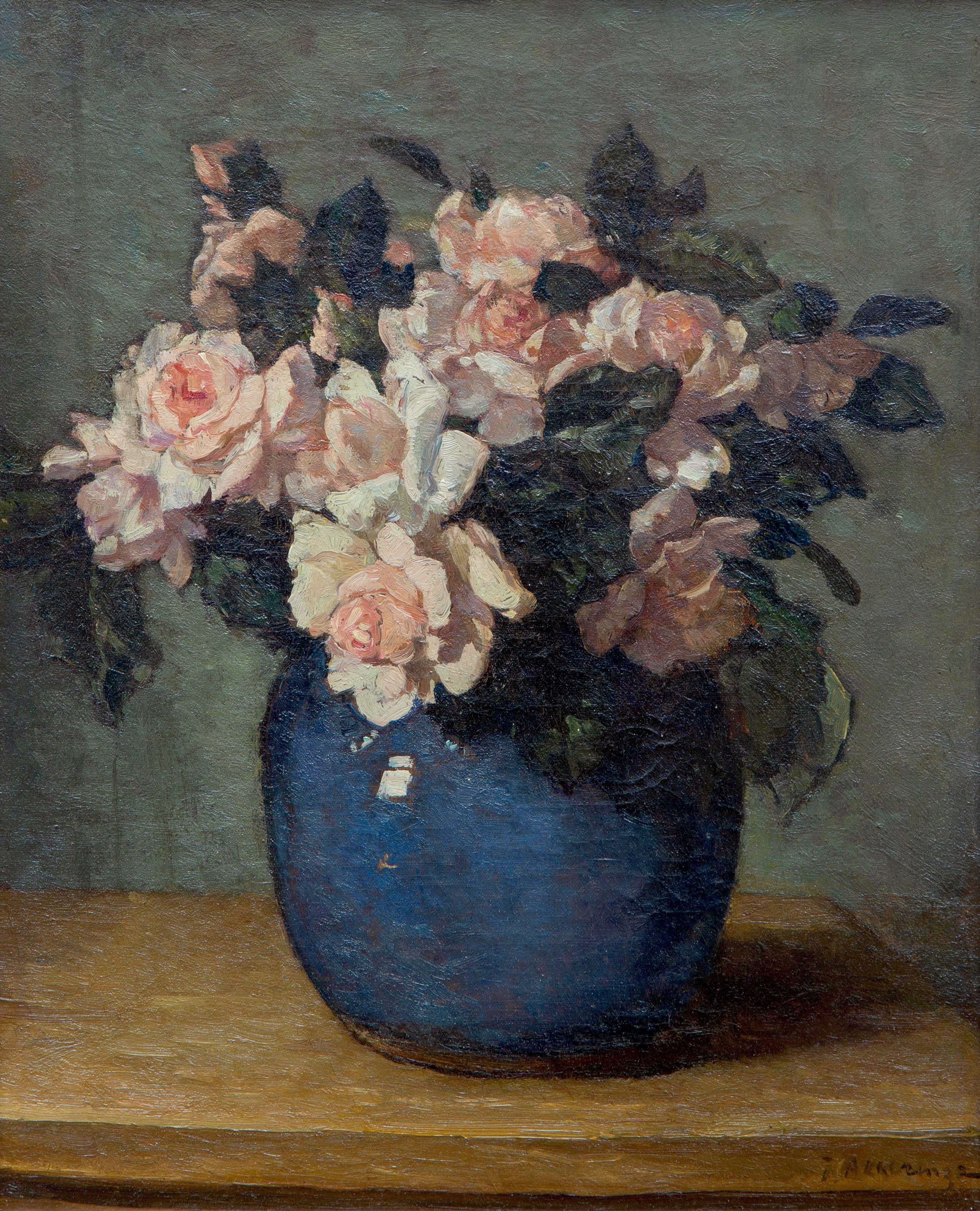 A still life of pink roses in a blue vase