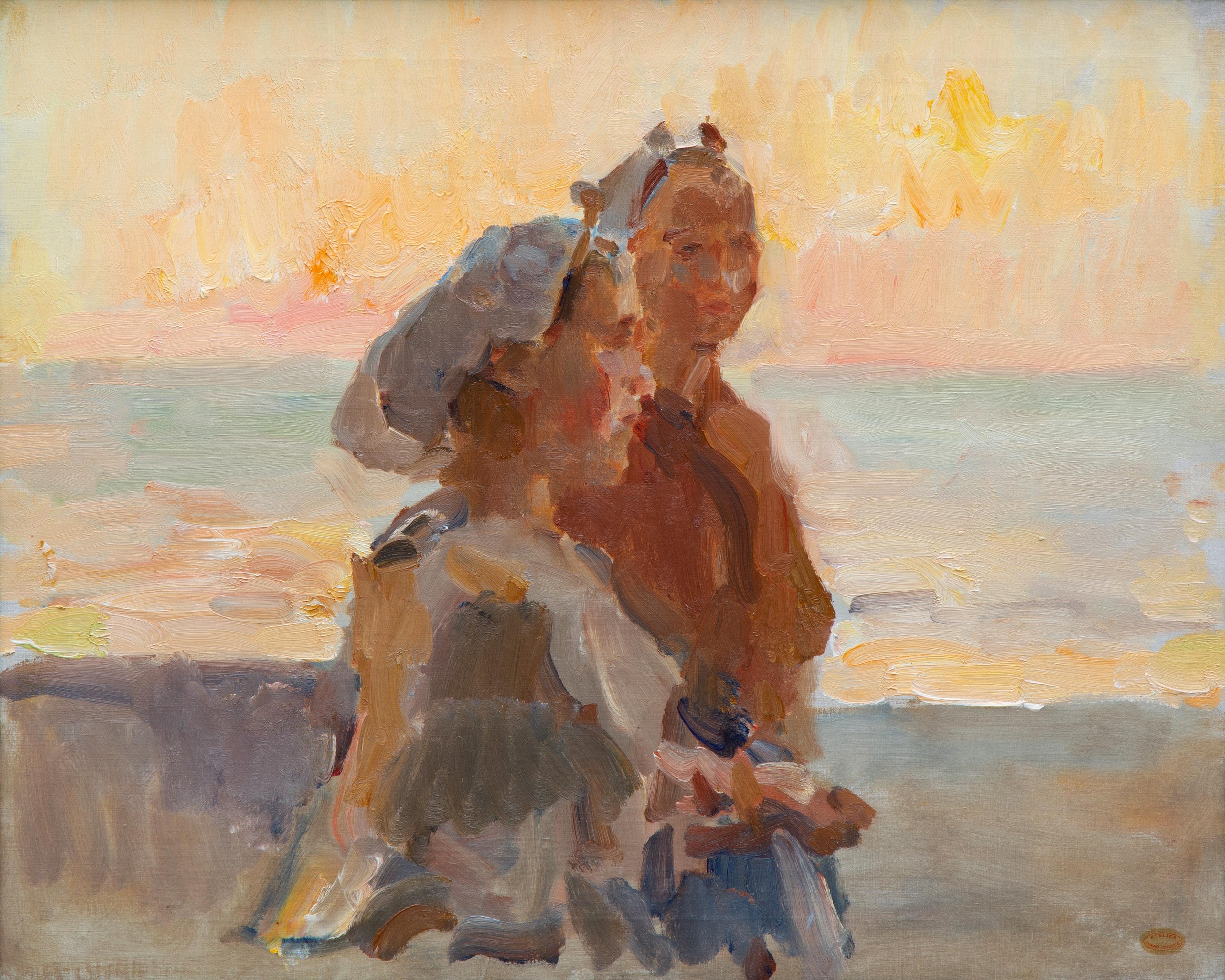 Two fisher women from Scheveningen on the beach