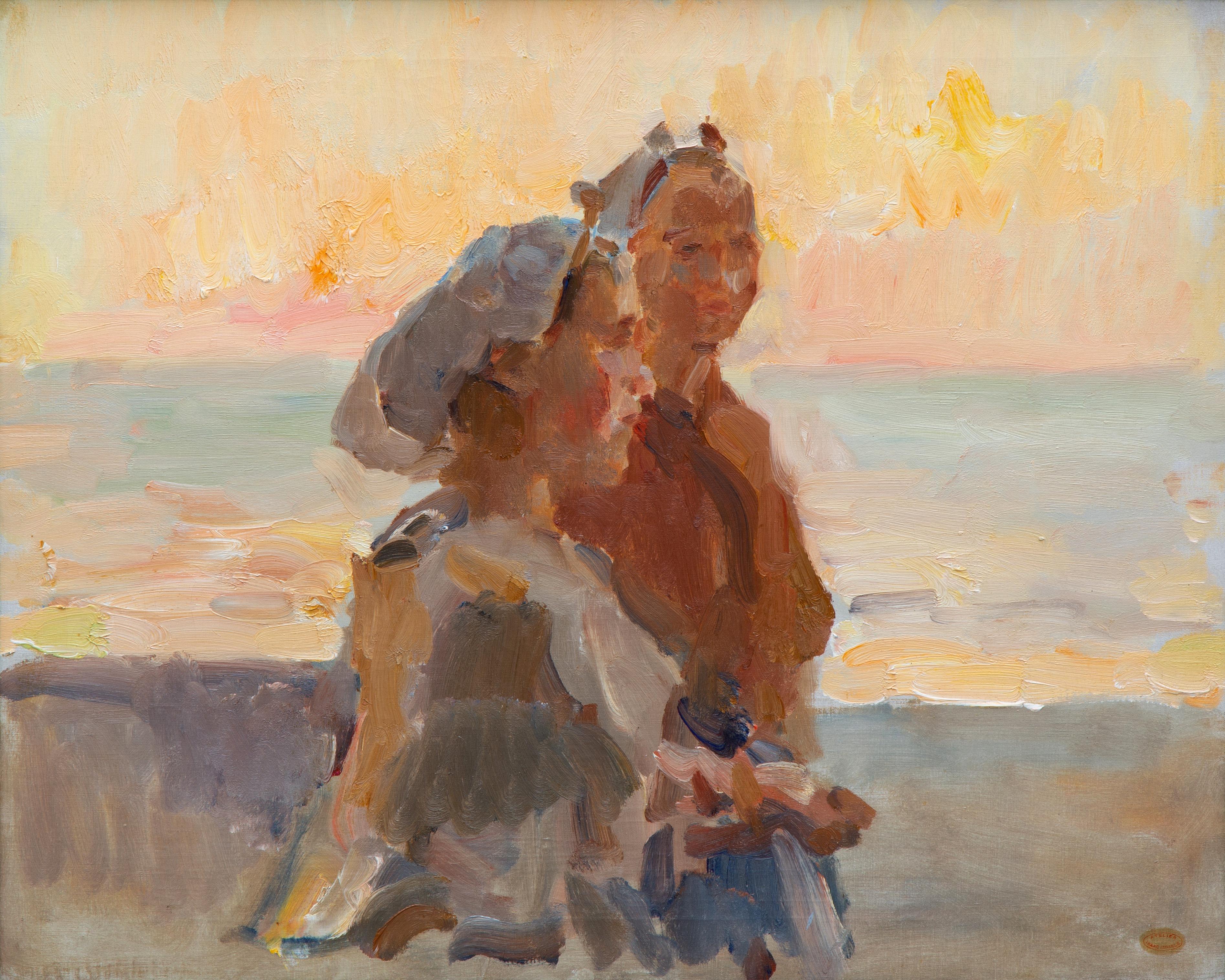 Two fisher women from Scheveningen on the beach Two fisher women from Scheveningen on the beach