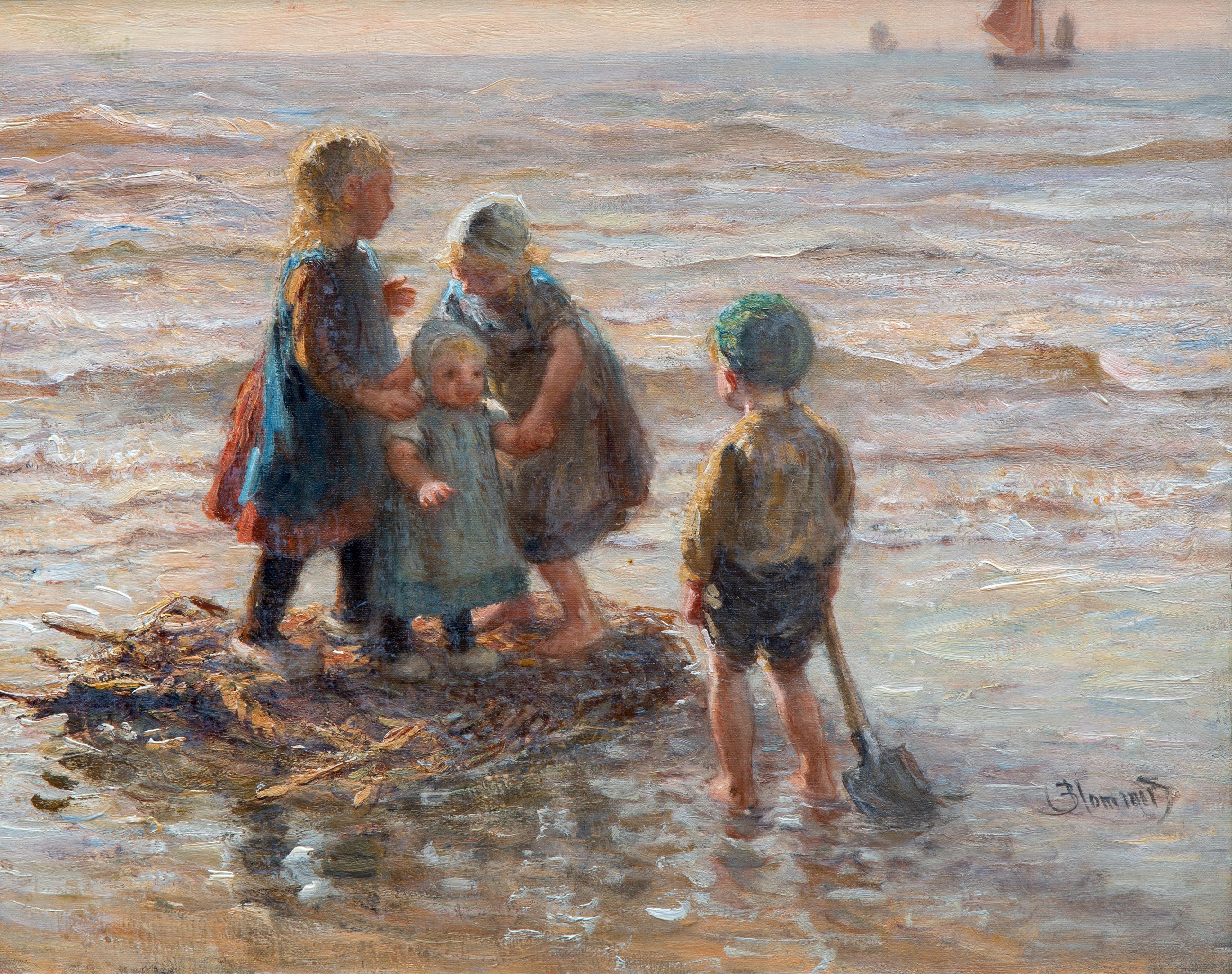 Children playing by the sea on a raft