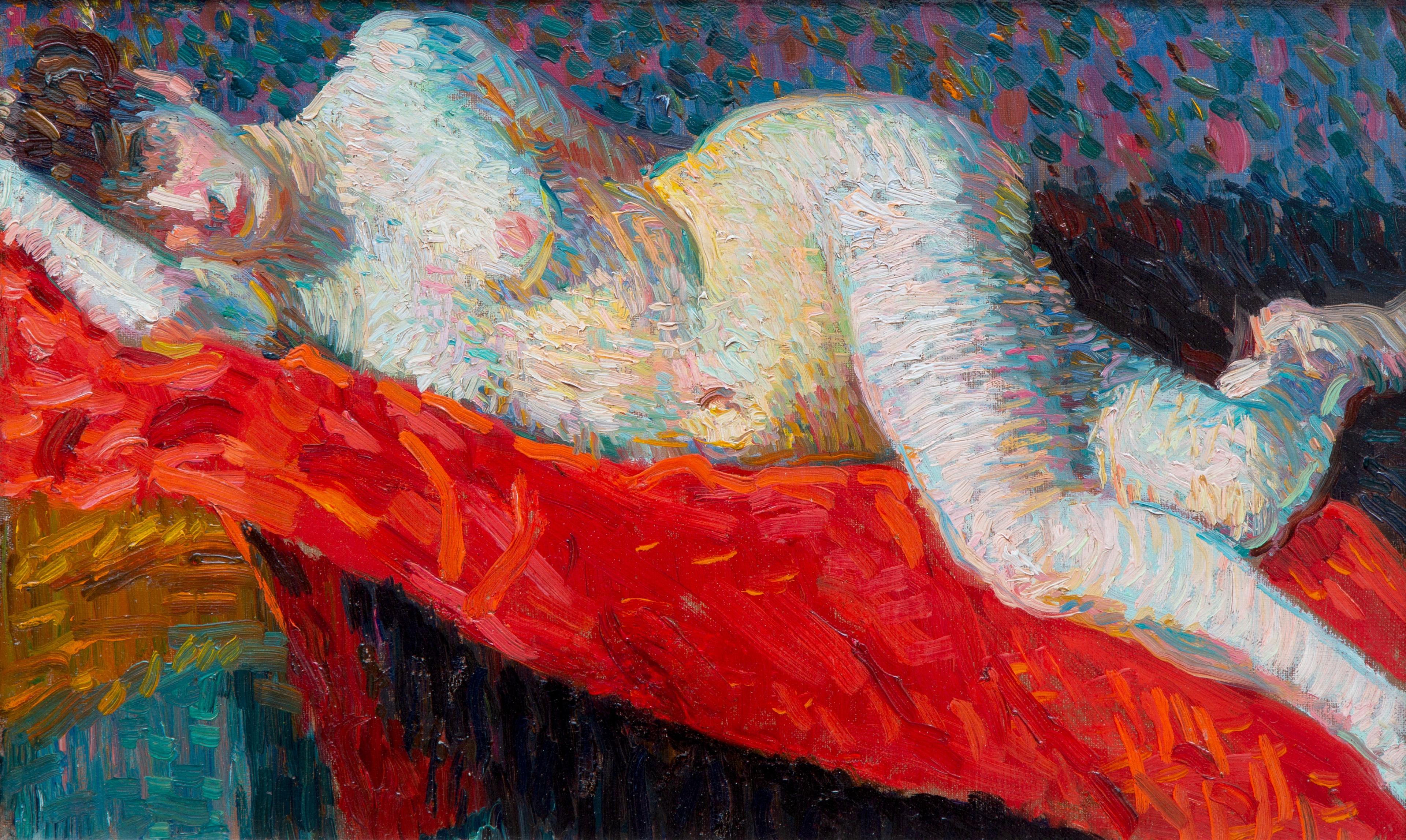 A reclining nude on a red sofa