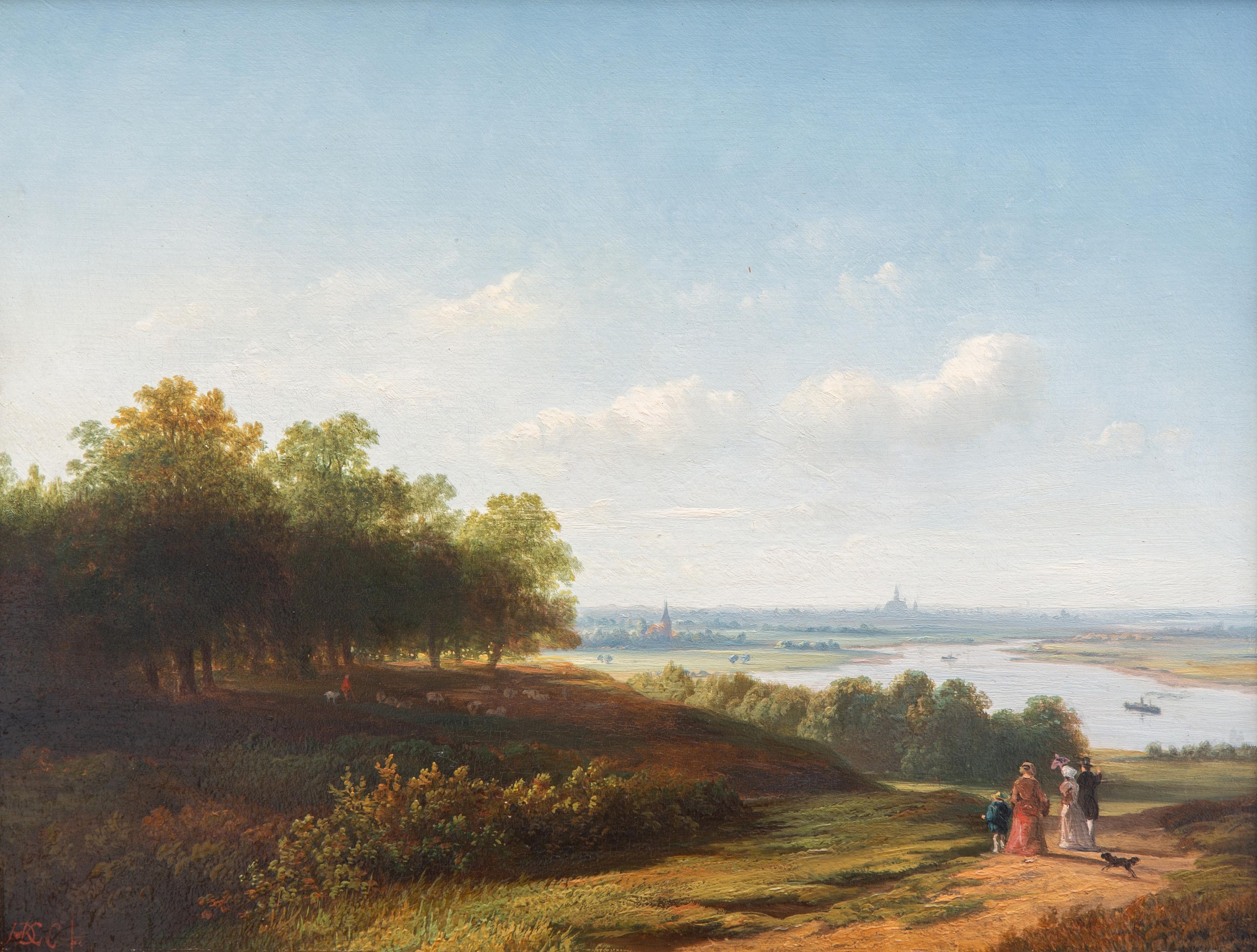 A panoramic river landscape with an elegant company