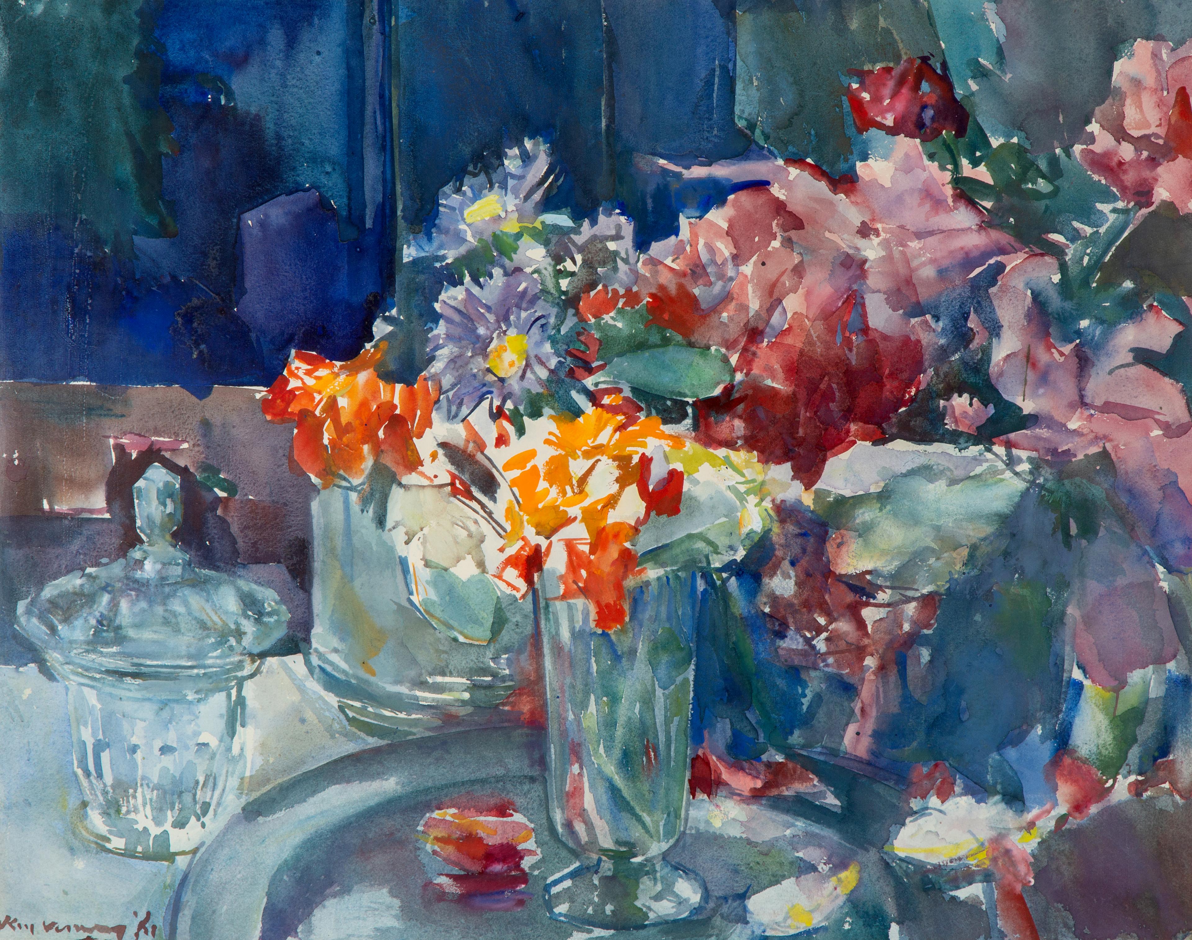 A still life with an orange and purple flowers in vases