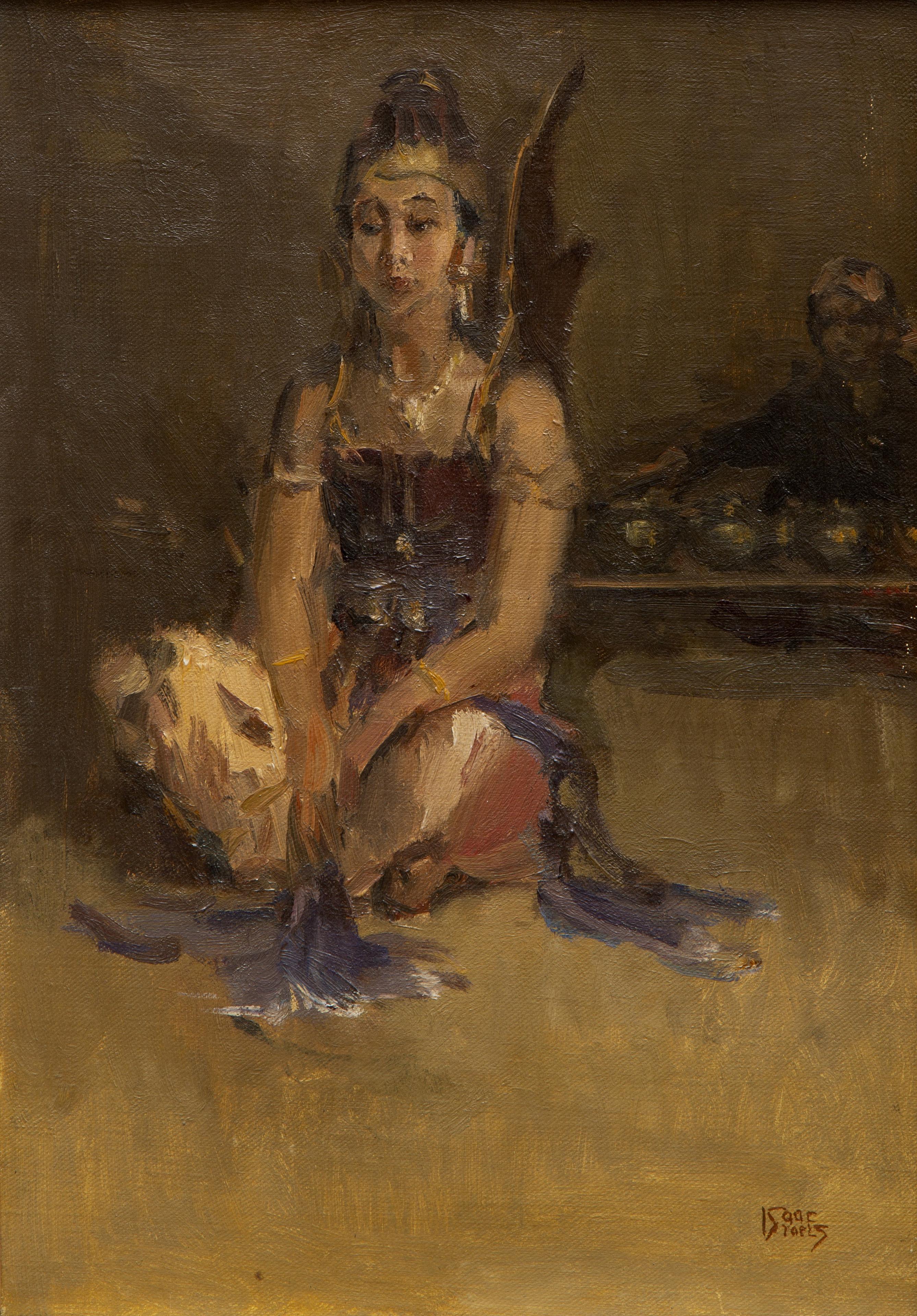 A seated Javanese dancer in front of a gamelan player, Nyai Tumenggung Mardoesari