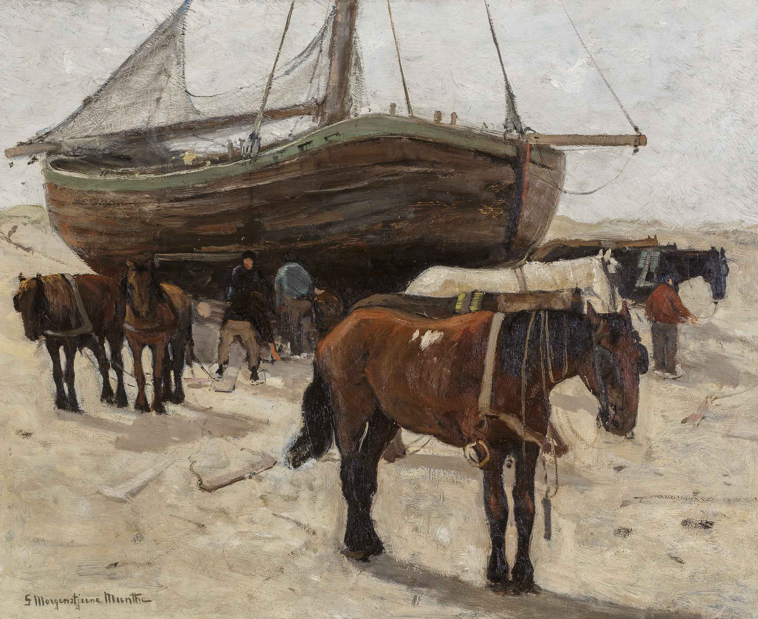Katwijk, Vroeg in de Ochtend. Trekpaarden voor een Bomschuit (Katwijk, Early in the Morning. Draft Horses in Front of a Bomschuit) (c. 1895) Katwijk, Vroeg in de Ochtend. Trekpaarden voor een Bomschuit (Katwijk, Early in the Morning. Draft Horses in Front of a Bomschuit) (c. 1895)
