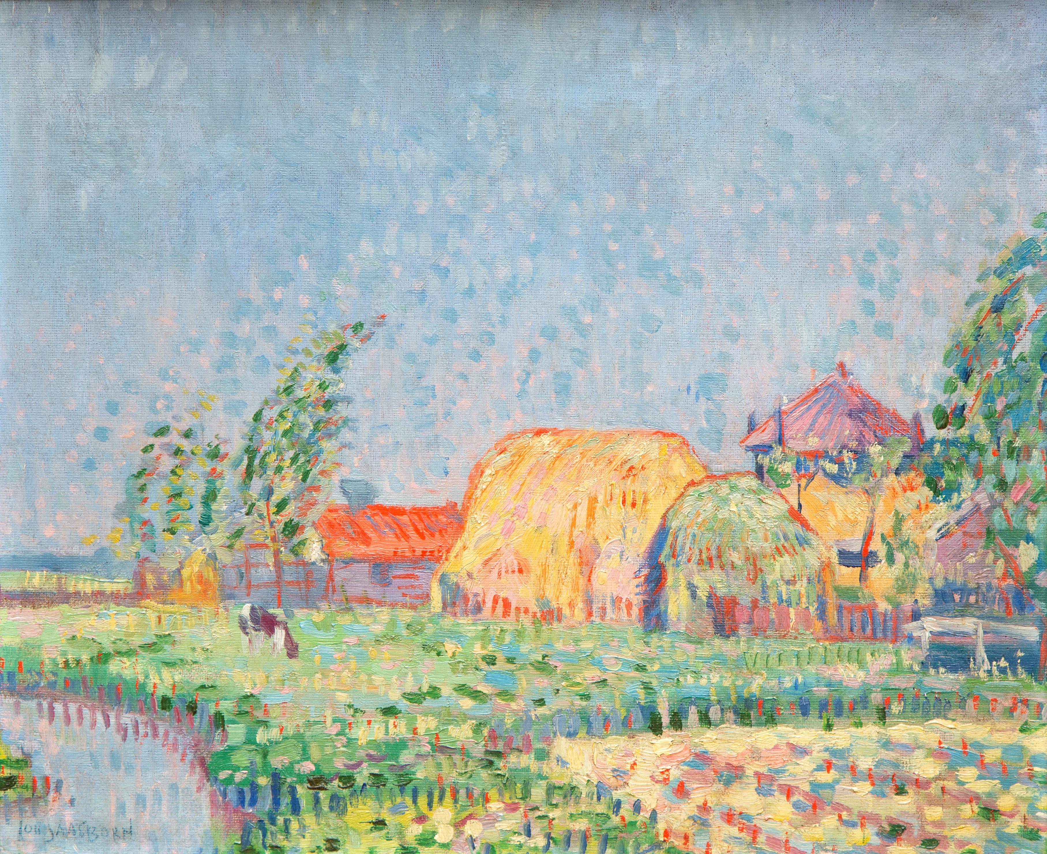 A landscape with a farm and haystacks