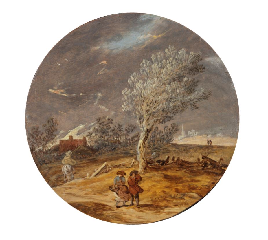 A dune landscape with travellers on a path in a thunder storm, a tondo