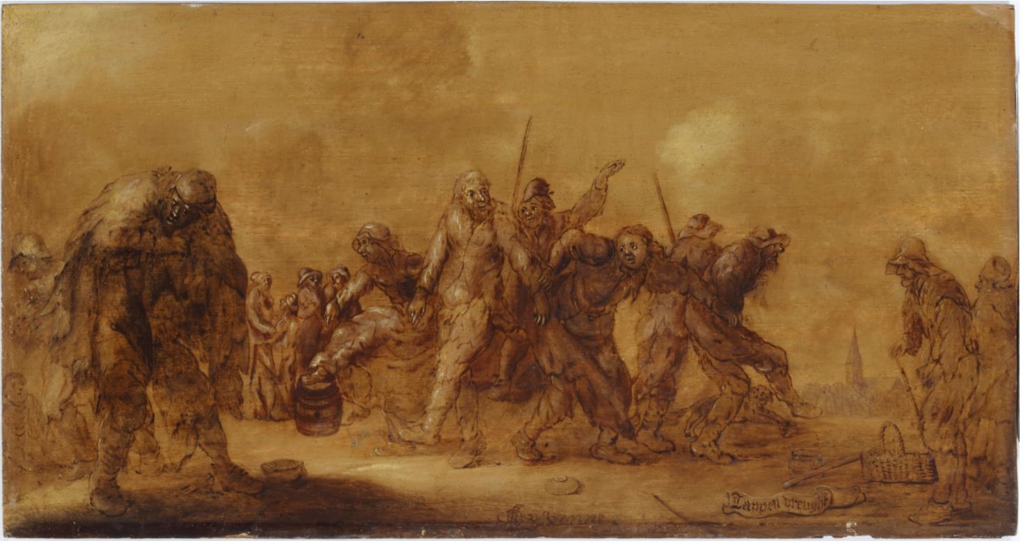 ‘Lappen vreught’ Dancing beggars - en grisaille. ‘Lappen vreught’ Dancing beggars - en grisaille.