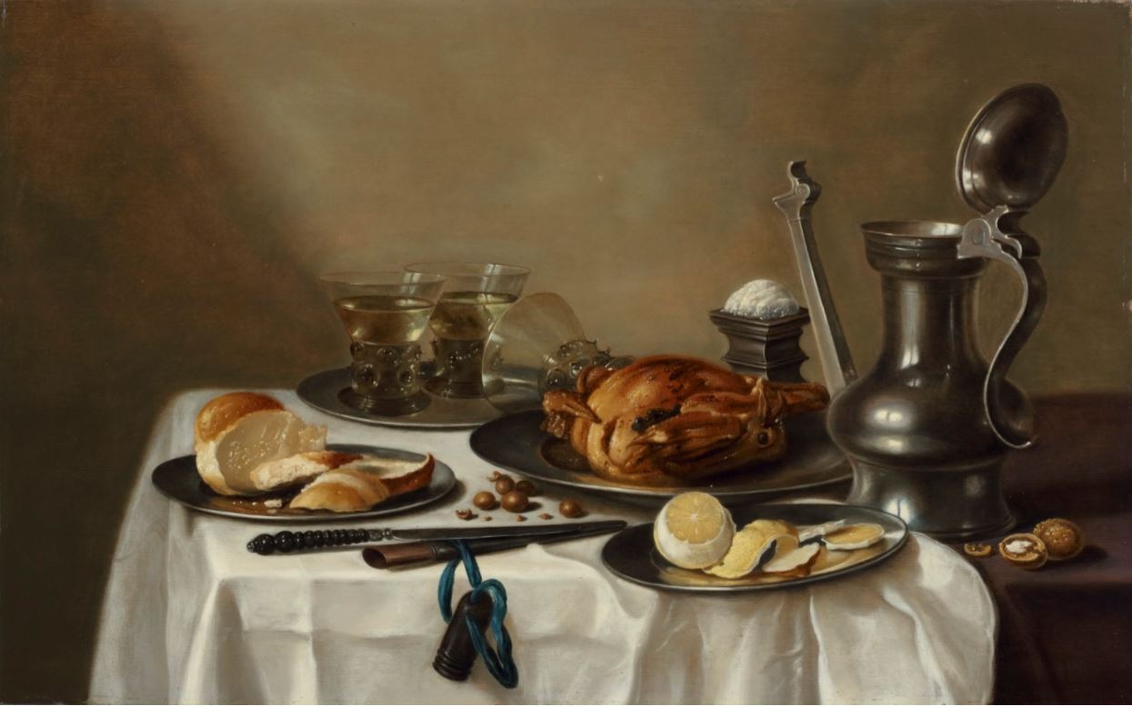 Poultry a pewter platter, a sliced bread, a peeled lemon and two glasses of white wine all on pewter platters, a knife, a tankard and a salt vessel, all on a draped table