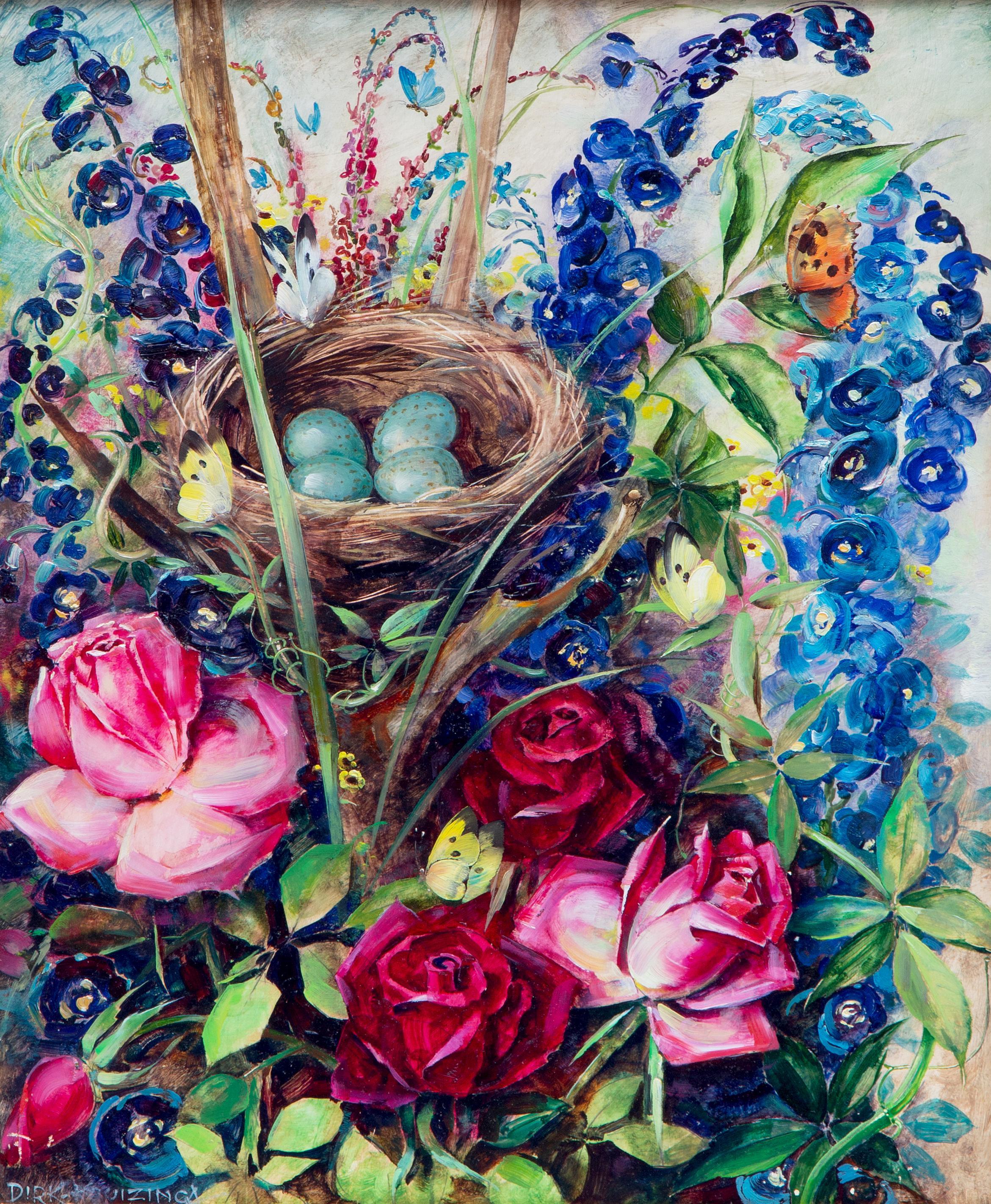 Nest met eieren van een merel tussen bloemen en vlinders