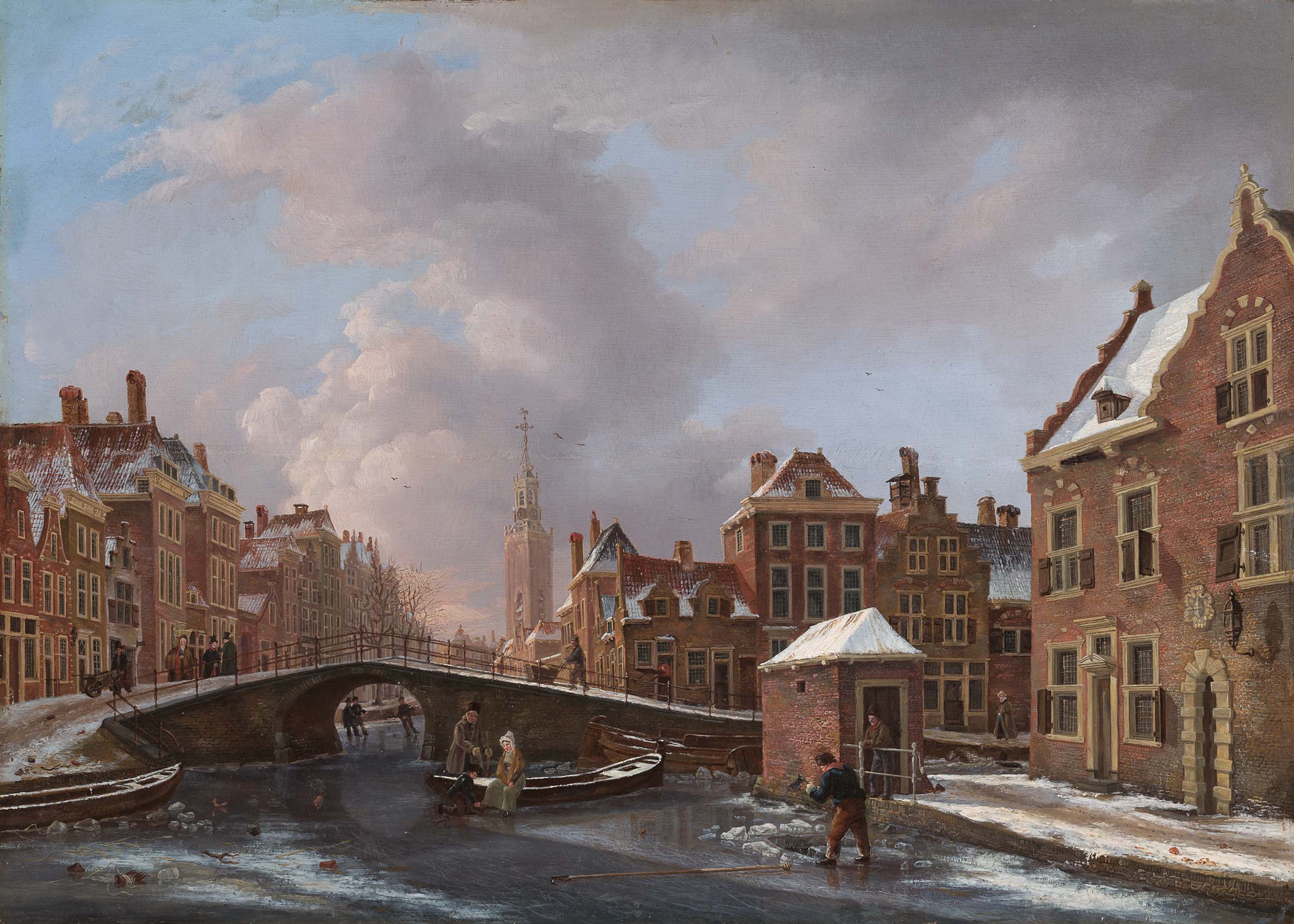 Figures on a Frozen Canal, the St. Jacob’s Church Beyond, The Hague